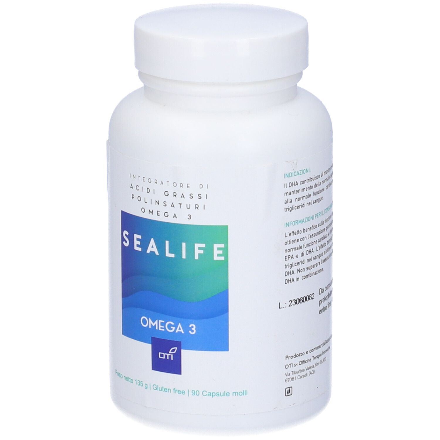Bottiglia bianca con etichetta blu. L'etichetta riporta "SEALIFE" e "OMEGA 3".