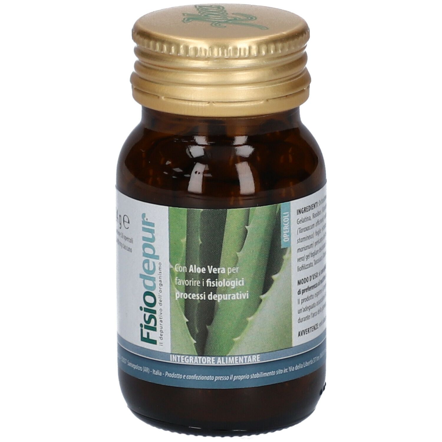Flacone in vetro marrone con tappo dorato. Nome del prodotto e immagine di aloe vera. Marchio Aboca® e Fisiodepur®.