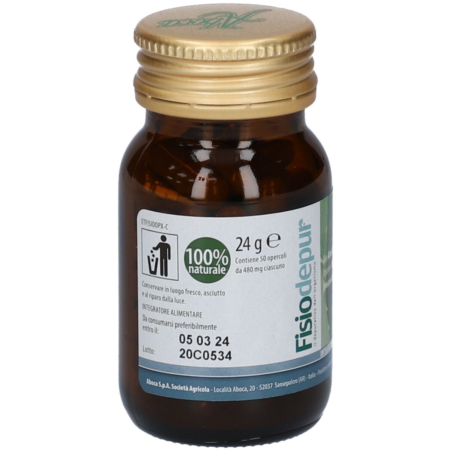 Flacone in vetro marrone con tappo dorato. Nome del prodotto e sigillo 100% naturale. 24g, 50 capsule.