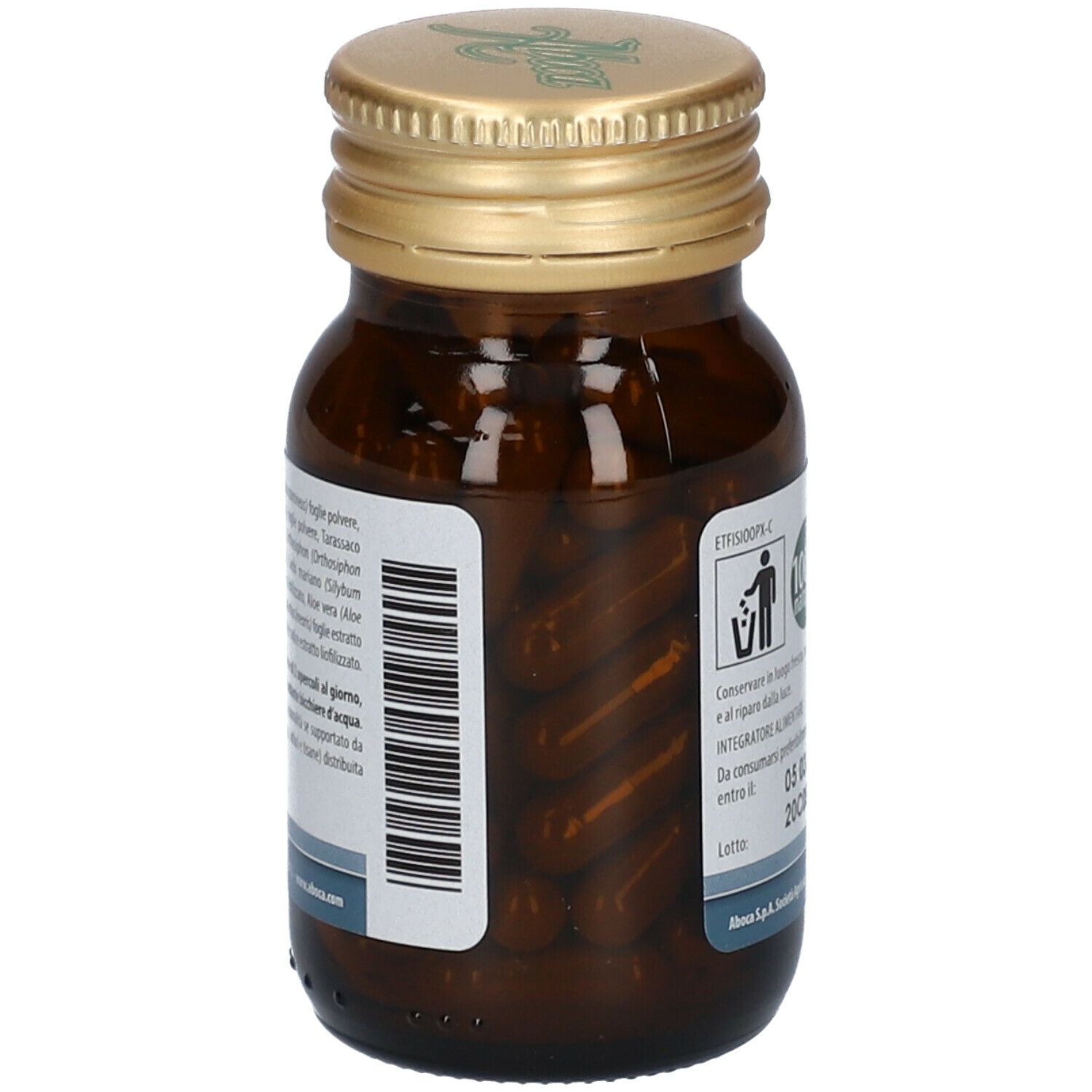 Flacone in vetro marrone con tappo dorato. Capsule visibili. Nome del prodotto e informazioni sull'etichetta.