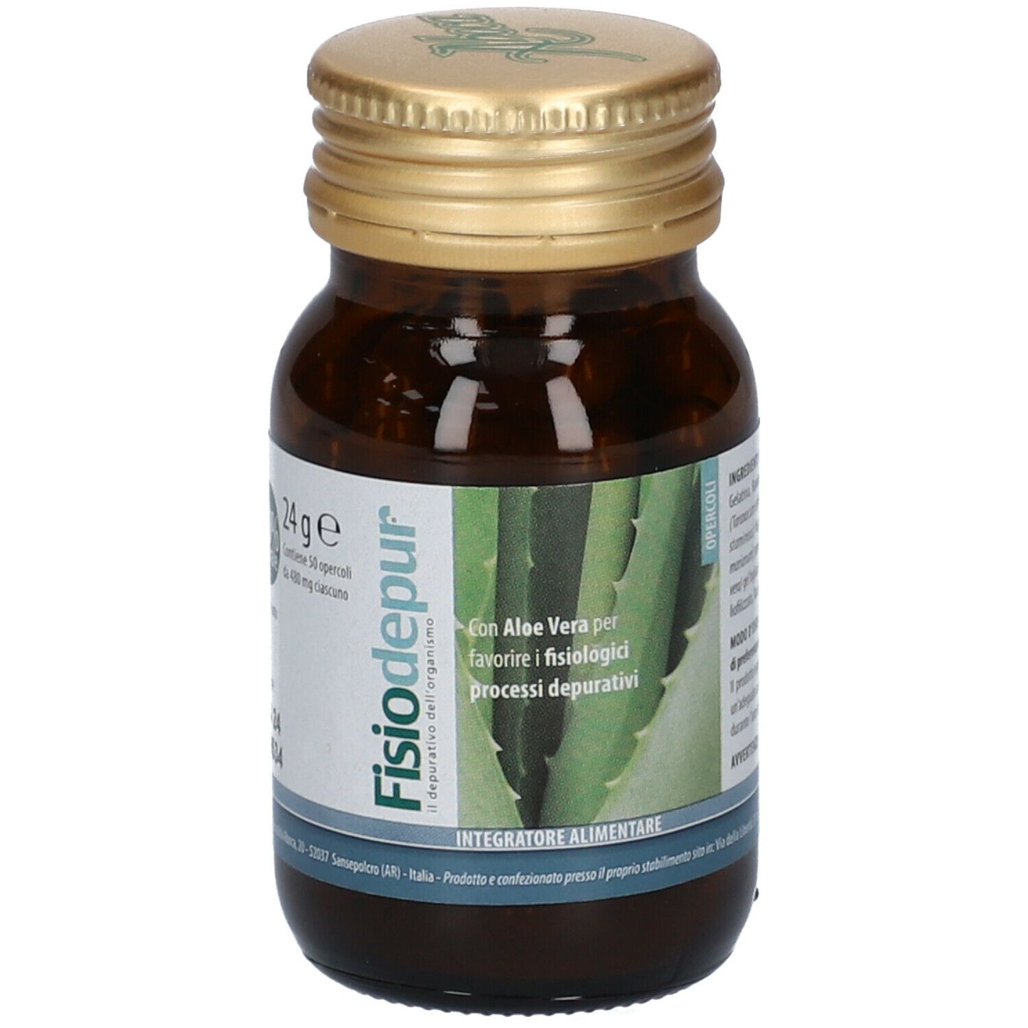 Flacone in vetro marrone con tappo dorato. Nome del prodotto e immagine di aloe vera. 24g, 50 capsule.