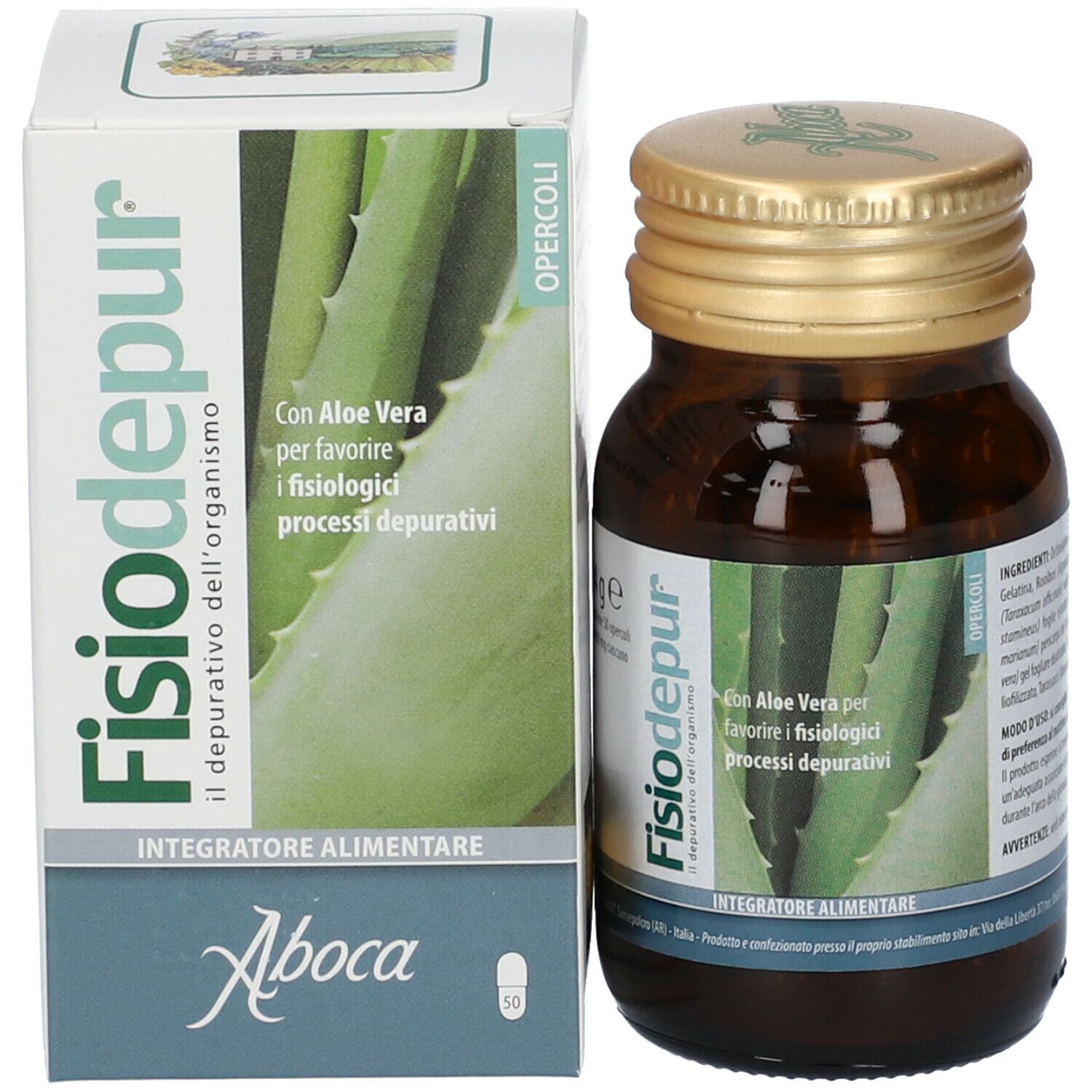 Flacone in vetro marrone e scatola. Nome del prodotto e immagine di aloe vera. Marchio Aboca®. Entrambi i prodotti affiancati.