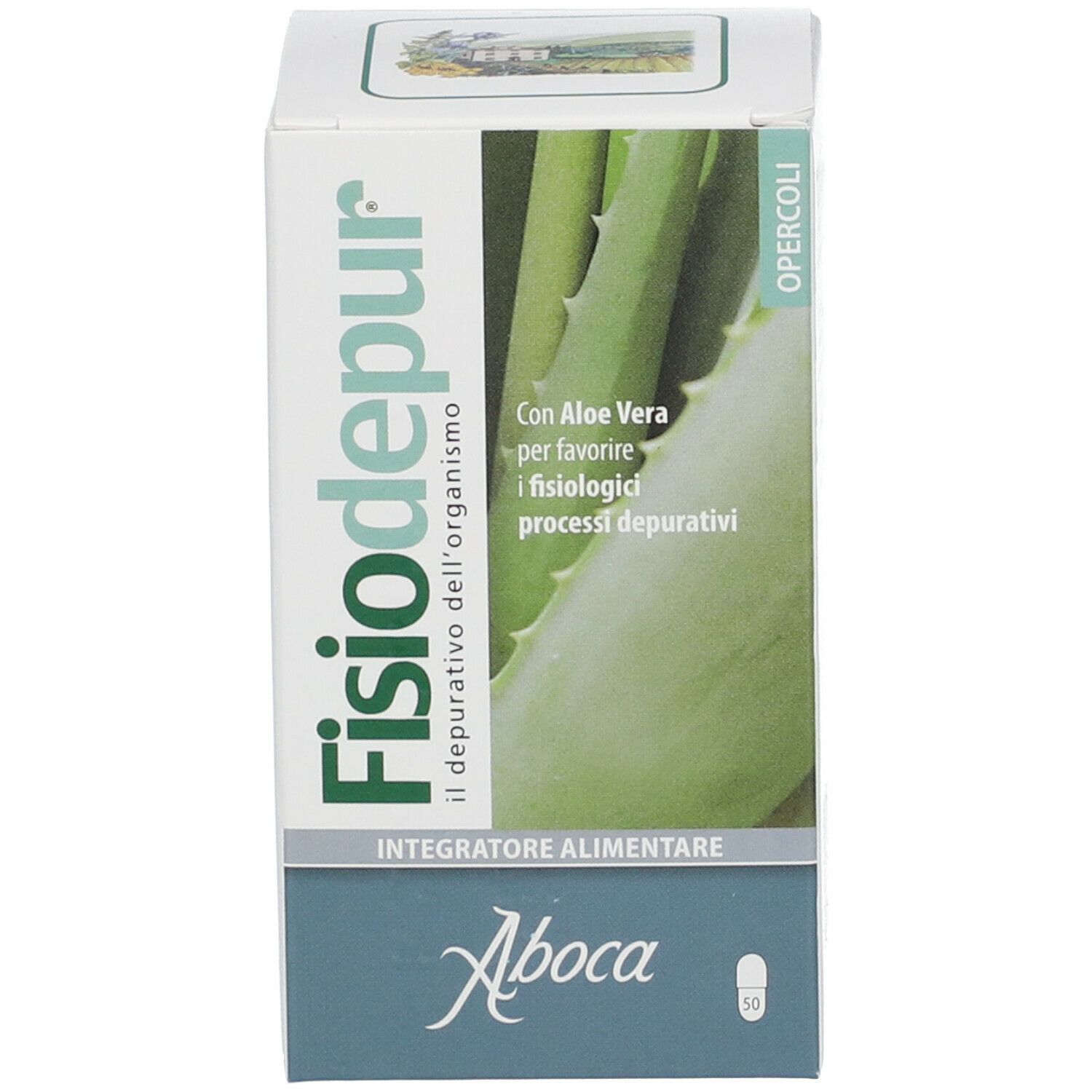 Scatola bianca con nome del prodotto e immagine di aloe vera. Marchio Aboca® e nome del prodotto Fisiodepur® ben visibili.