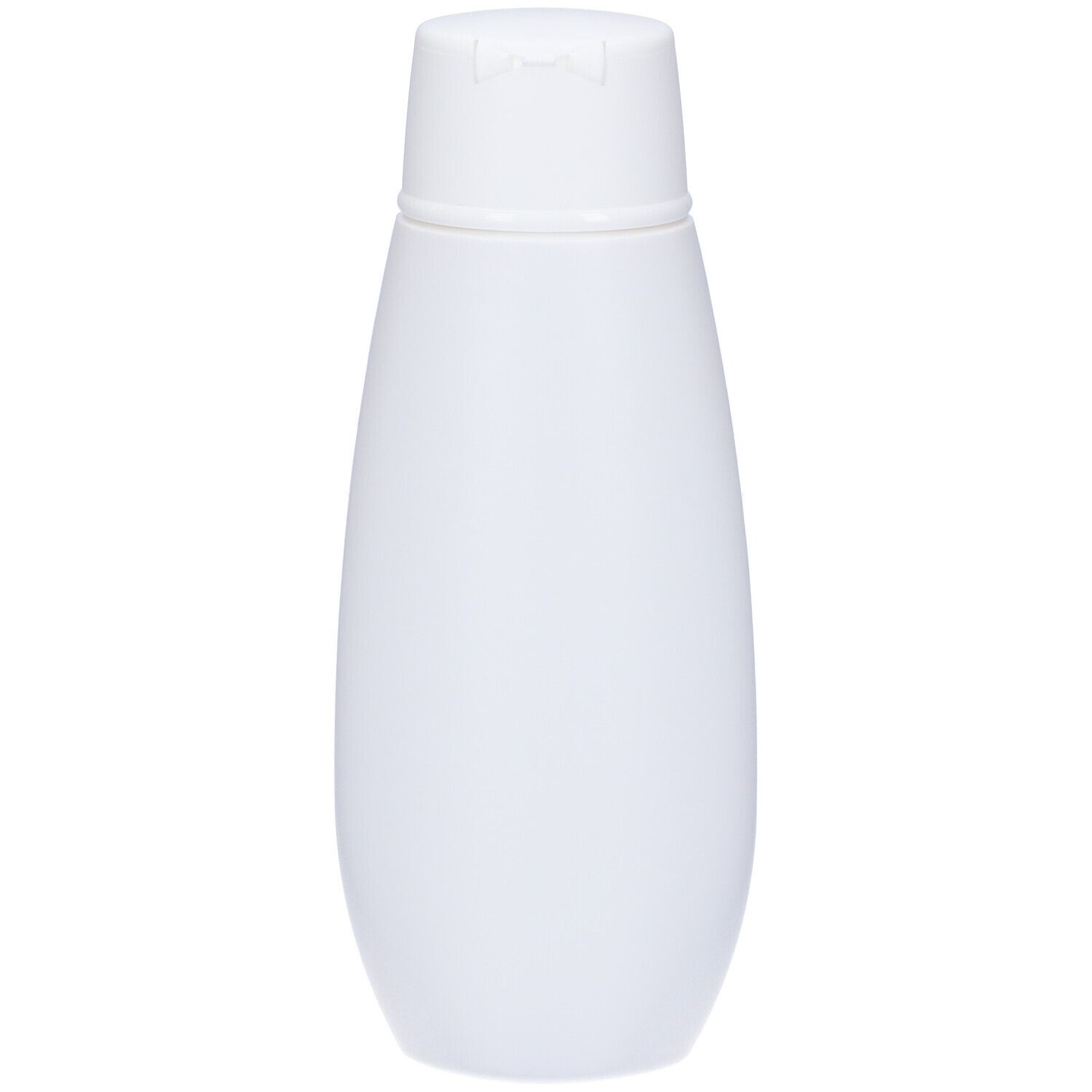 Flacone ovale bianco con tappo a ribalta bianco. Superficie liscia. Nessun'altra caratteristica.