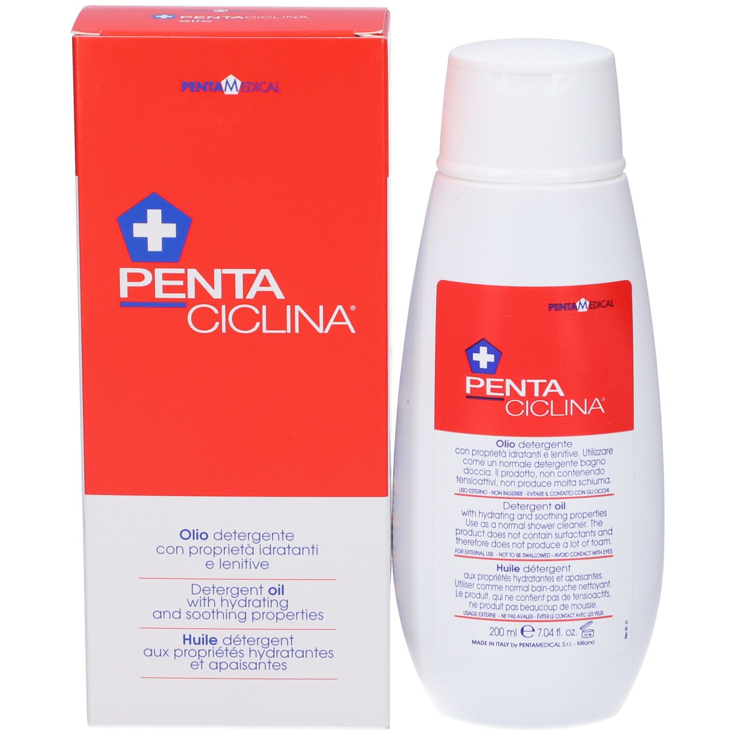 Confezione del prodotto con flacone. Scatola rossa e flacone bianco. Scritta: PENTACICLINA, Olio detergente. Testo in italiano, inglese e francese.