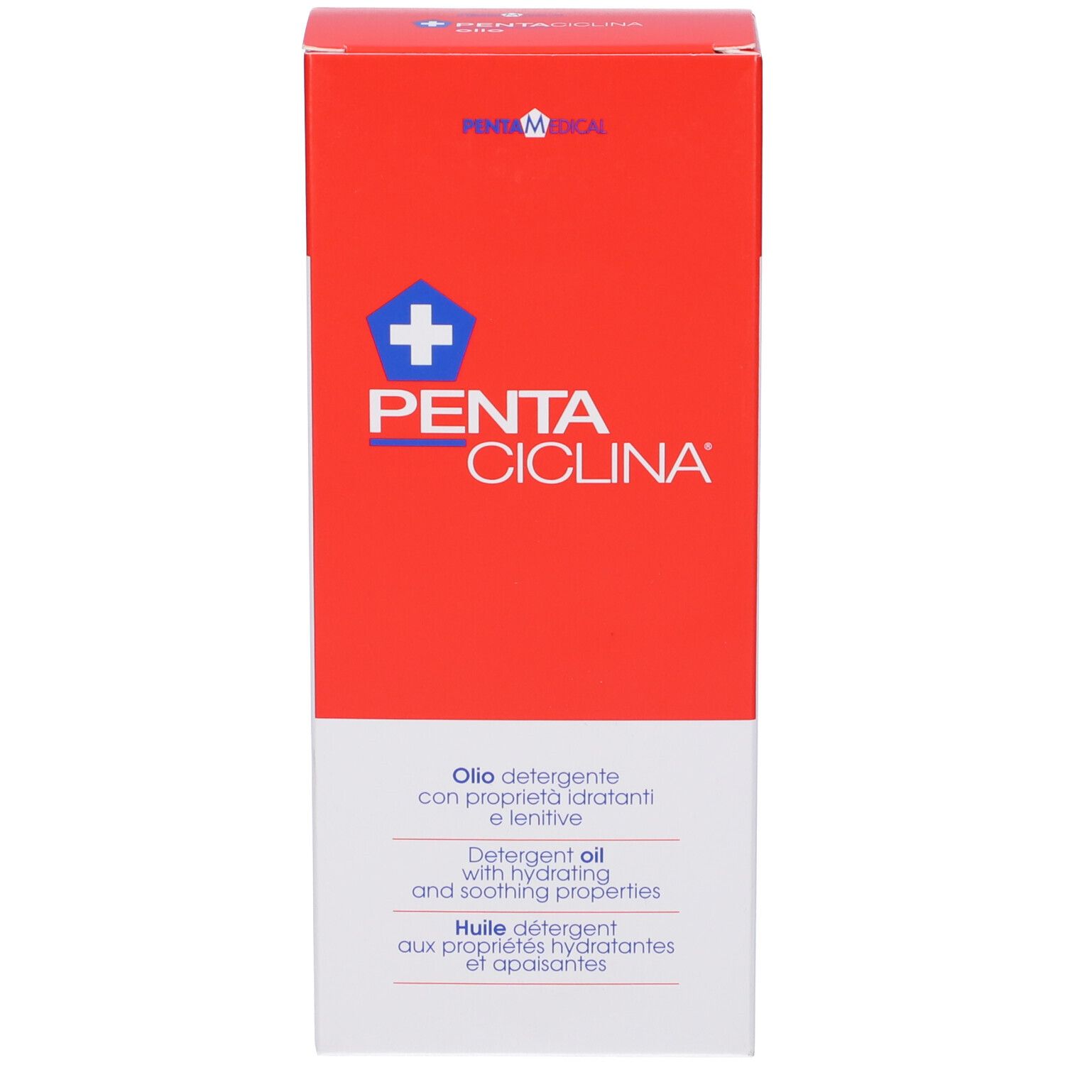 Scatola rossa con etichetta bianca. Scritta: PENTACICLINA, Olio detergente. Testo in italiano, inglese e francese.