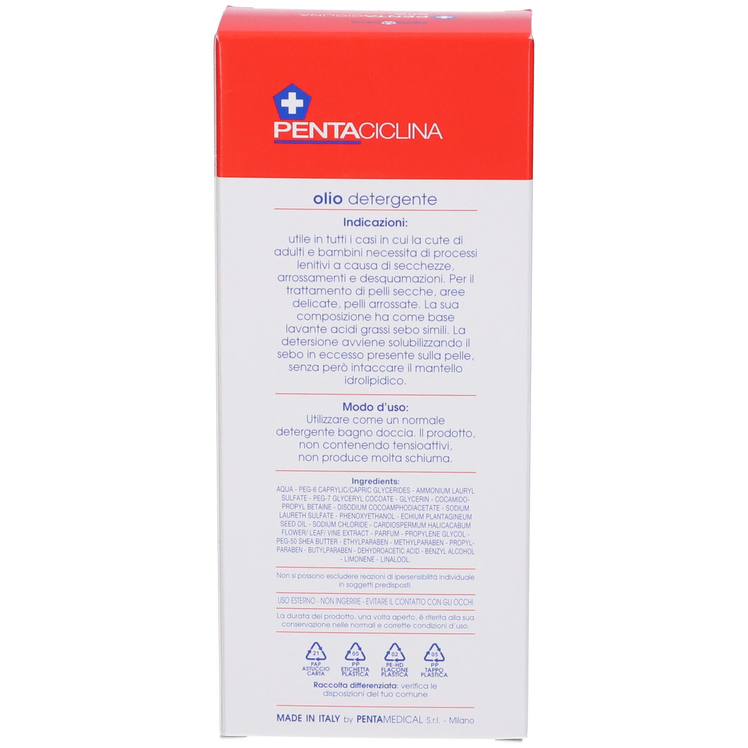 Scatola rossa, retro. Scritta: PENTACICLINA. Contiene ingredienti e istruzioni per l'uso in italiano.