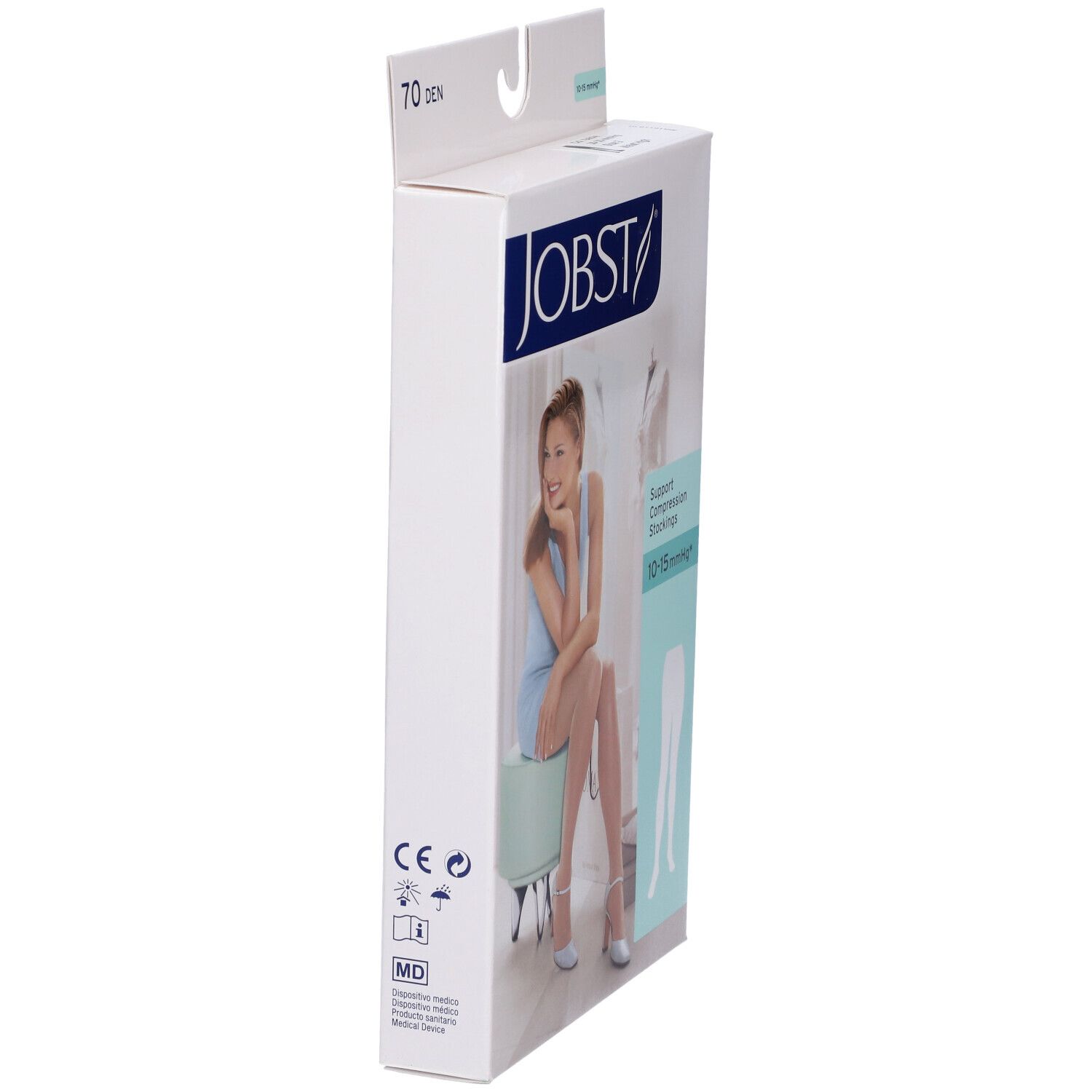 Vista laterale della confezione JOBST. Scritta: 70 DEN. Logo e testo. Donna con calze raffigurata sulla confezione.