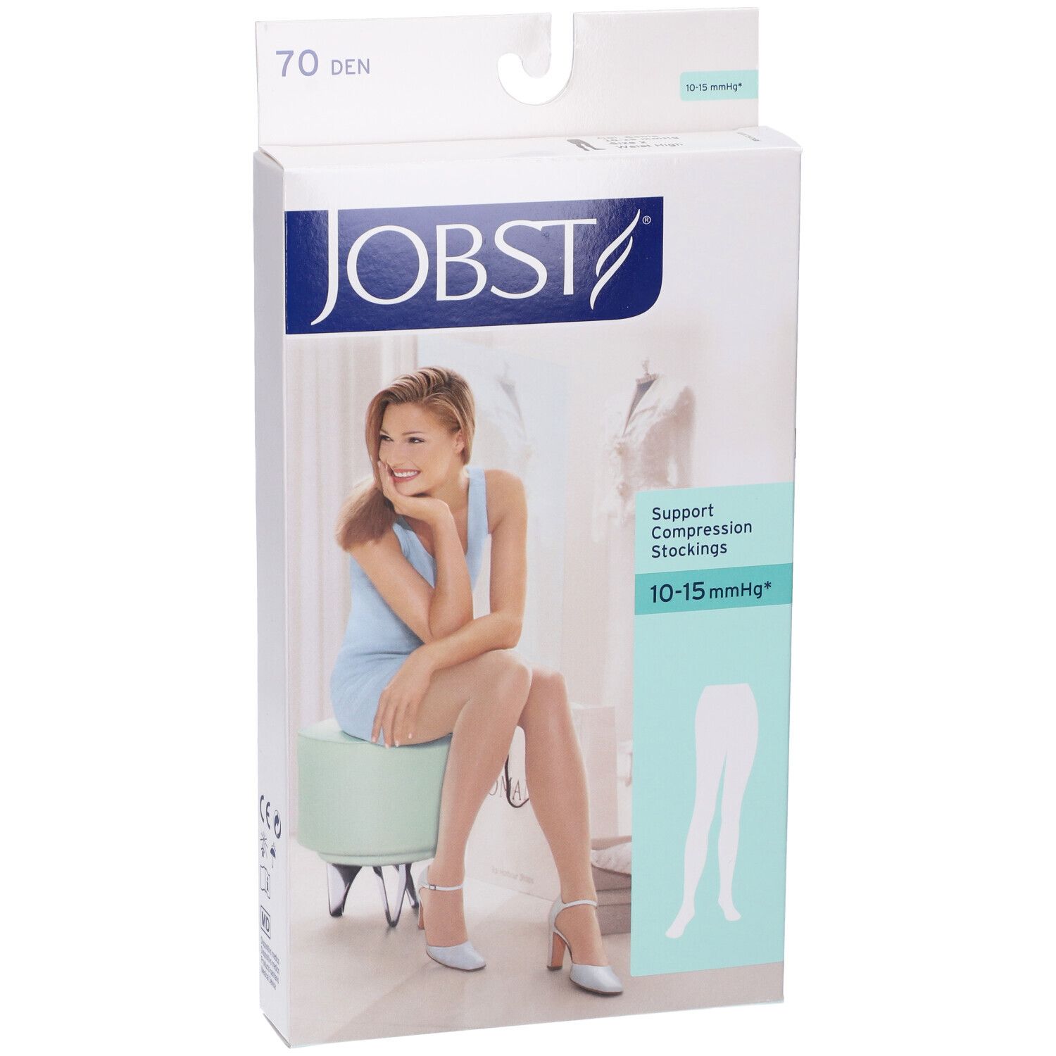 Confezione JOBST con calze compressive. Scritta: 70 DEN, 10-15 mmHg. Immagine di donna con calze.