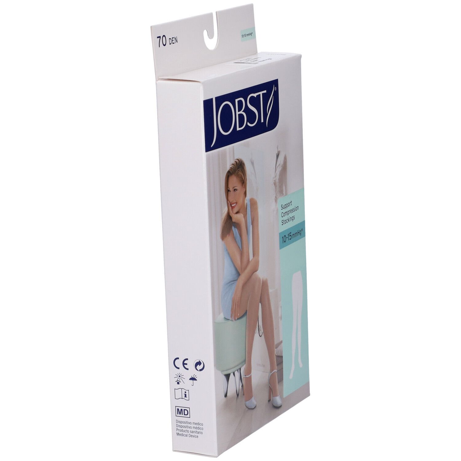 Jobst Collant Velato 70Den Cipria Misura 5. Confezione, vista laterale. 70 denari, 10-15 mmHg. Logo e donna.