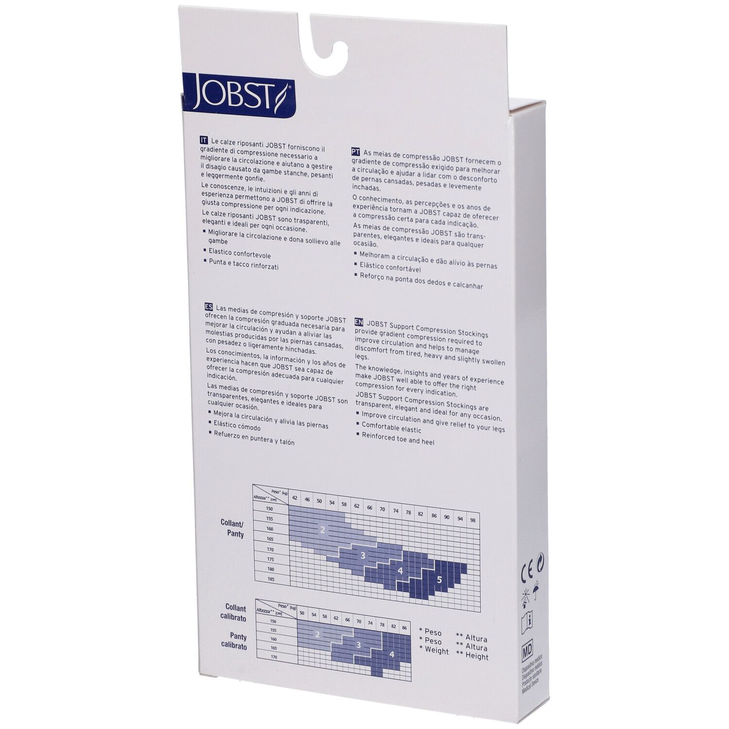 Jobst Collant Velato 70Den Cipria Misura 5. Retro della confezione. Testo, tabella taglie, logo.