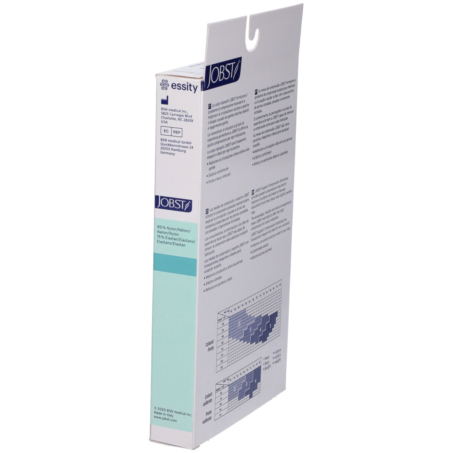 Jobst Collant Velato 70Den Cipria Misura 5. Confezione, vista laterale. Testo, logo, tabella taglie.