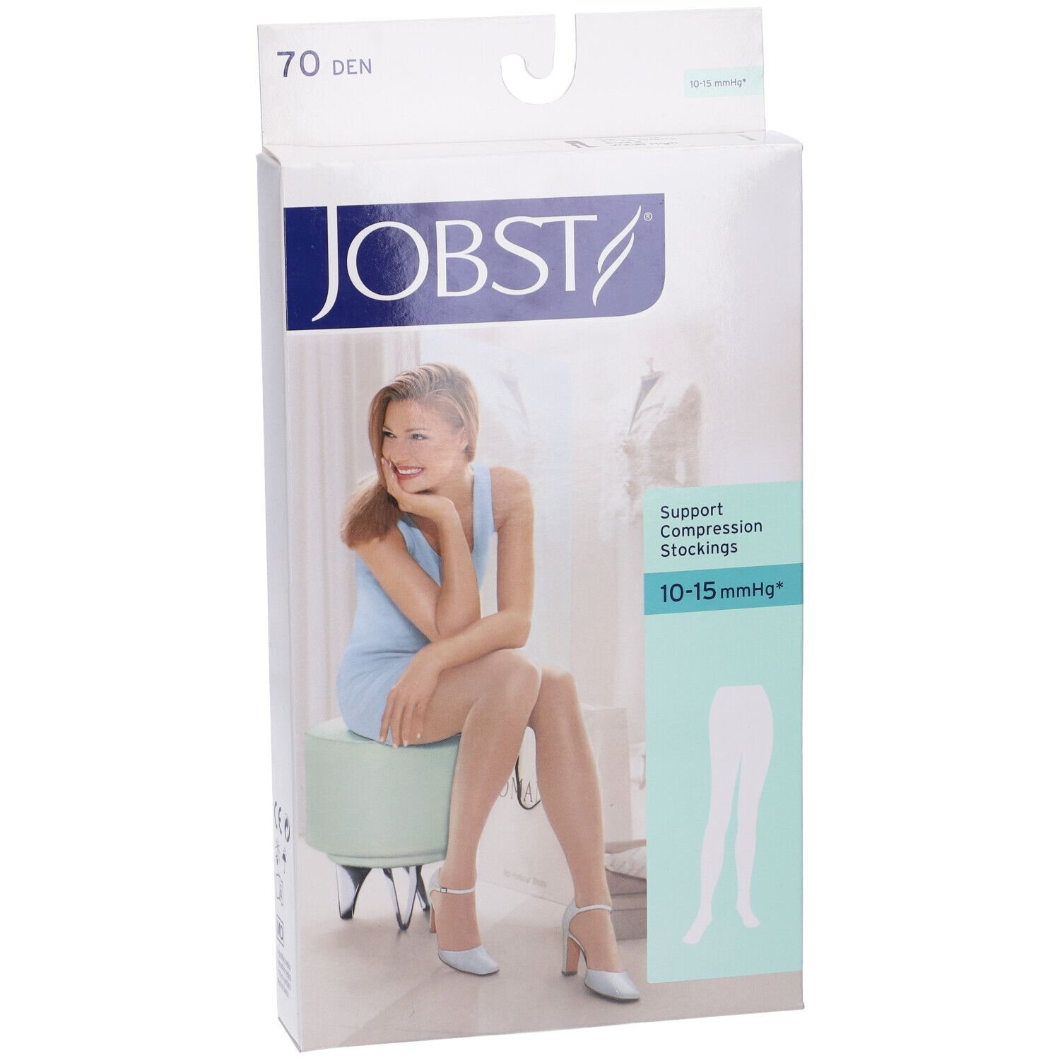 Jobst Collant Velato 70Den Cipria Misura 5. Confezione con donna che indossa calze. 70 denari, 10-15 mmHg.