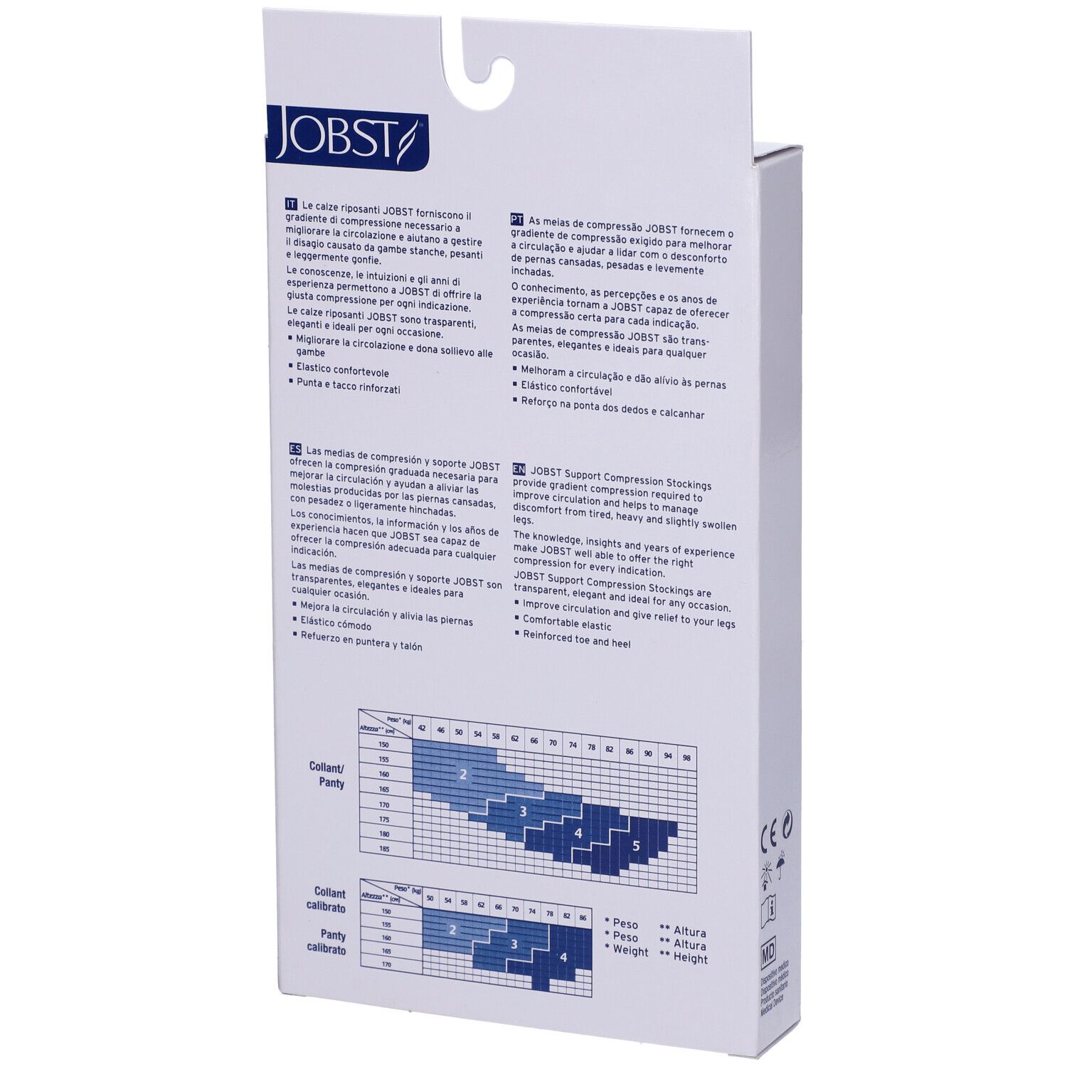 Retro della confezione JOBST. Informazioni sulle calze a compressione. Tabella delle taglie. Marchio CE.