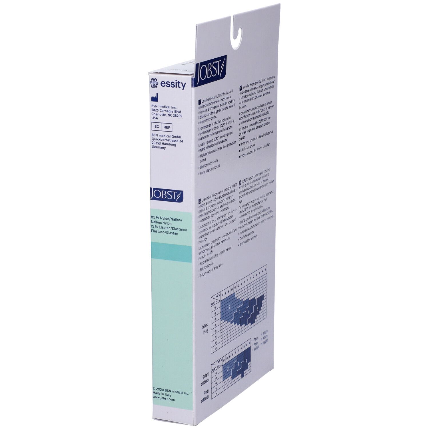 Vista laterale della confezione JOBST. Informazioni sulle calze a compressione. Marchio CE. Simbolo MD.