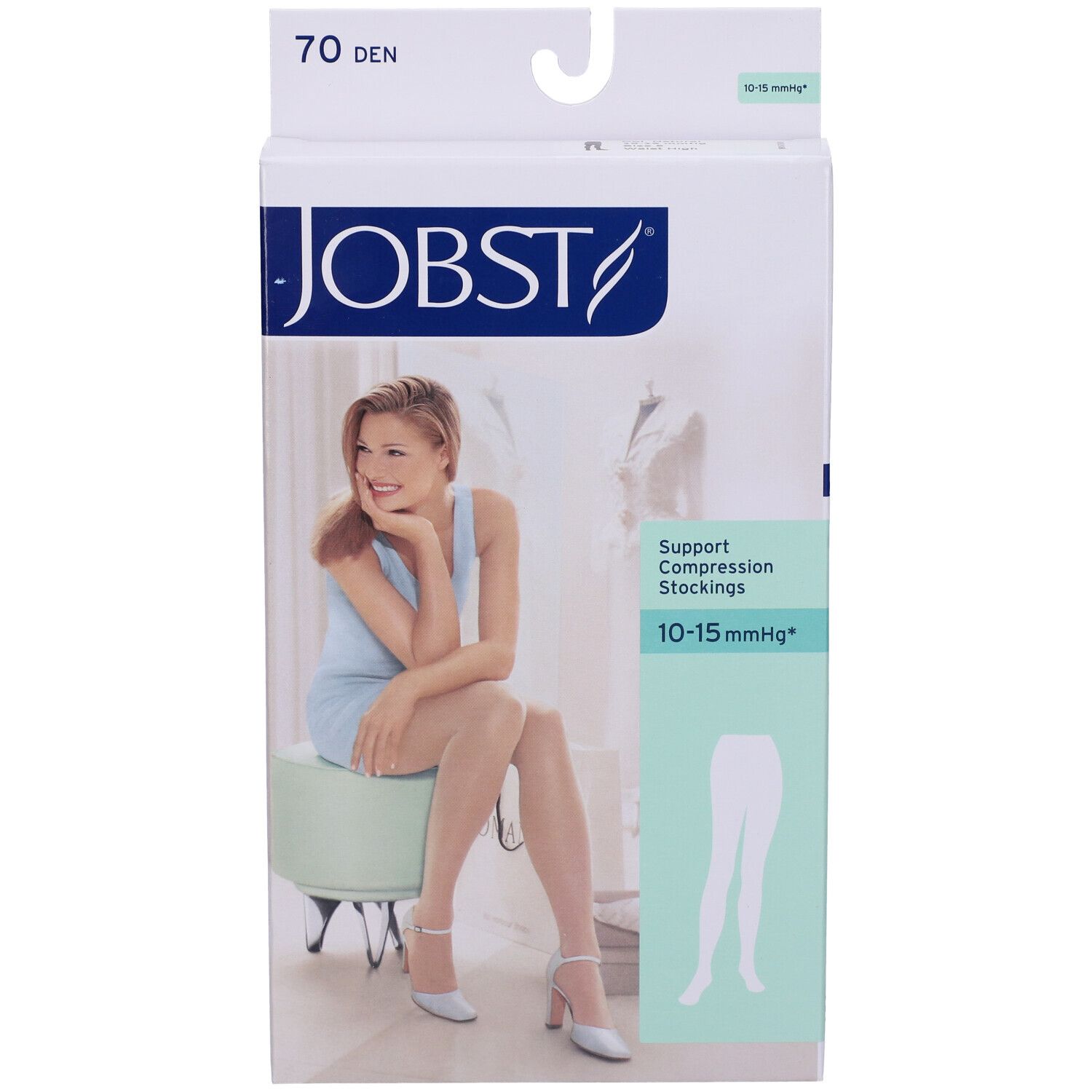 Confezione JOBST. 70 DEN. Calze a compressione. 10-15 mmHg. Donna seduta. Illustrazione del prodotto.