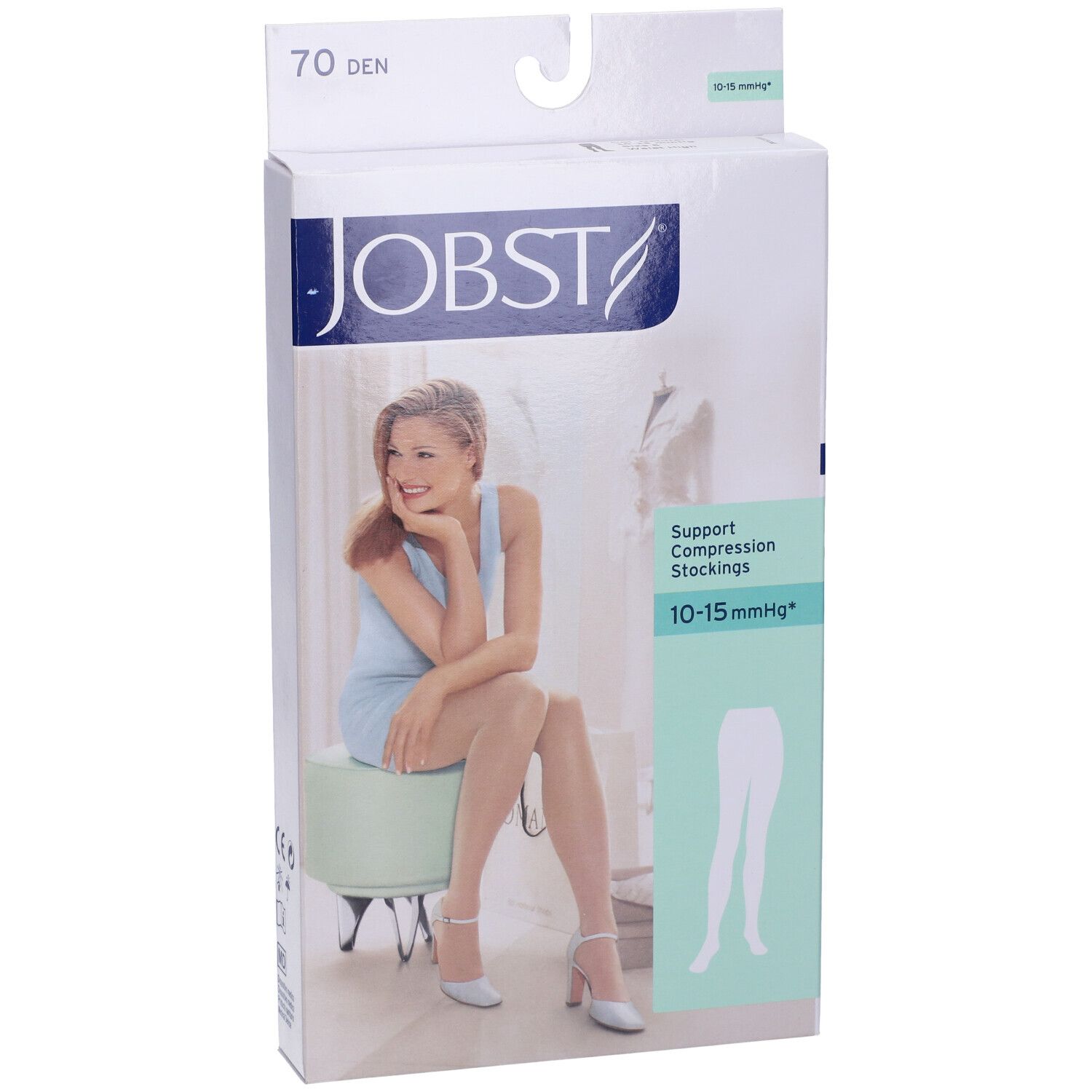 Confezione JOBST. 70 DEN. Calze a compressione. 10-15 mmHg. Donna seduta. Illustrazione del prodotto.