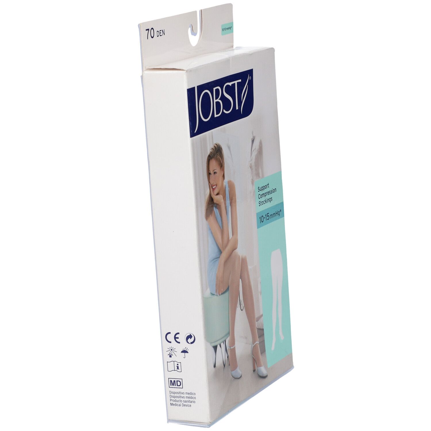 Confezione calze compressive JOBST in diagonale. 10-15 mmHg. Donna con calze sulla confezione. Logo JOBST visibile.