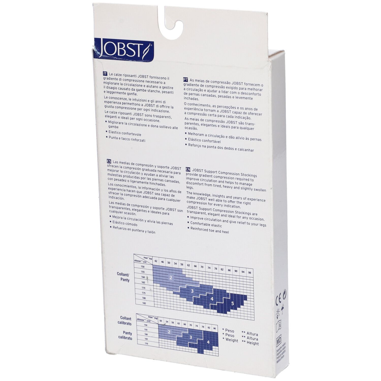 Retro della confezione calze compressive JOBST. Testo multilingue. Tabella taglie.