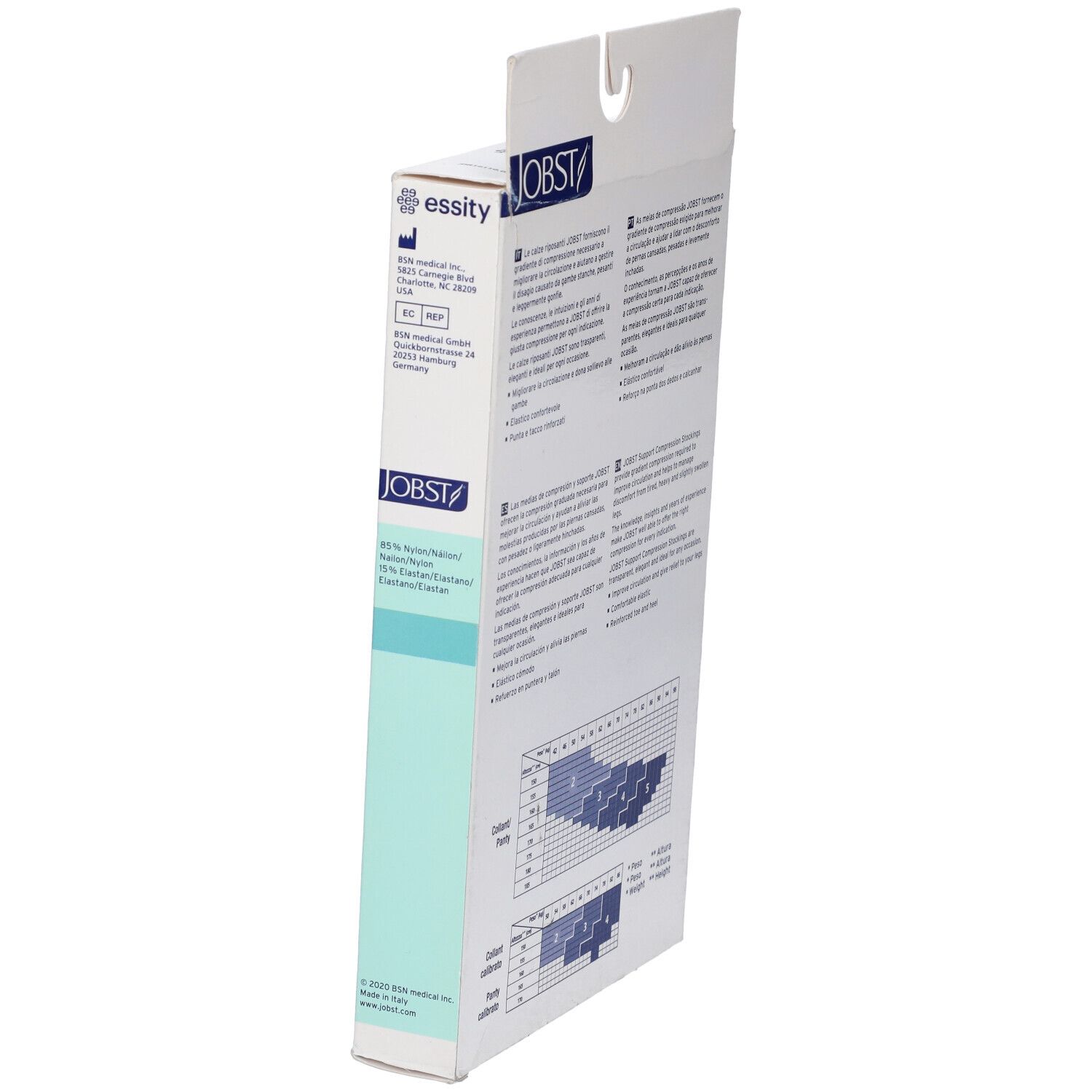 Vista laterale della confezione calze compressive JOBST. Testo e loghi. Tabella taglie.