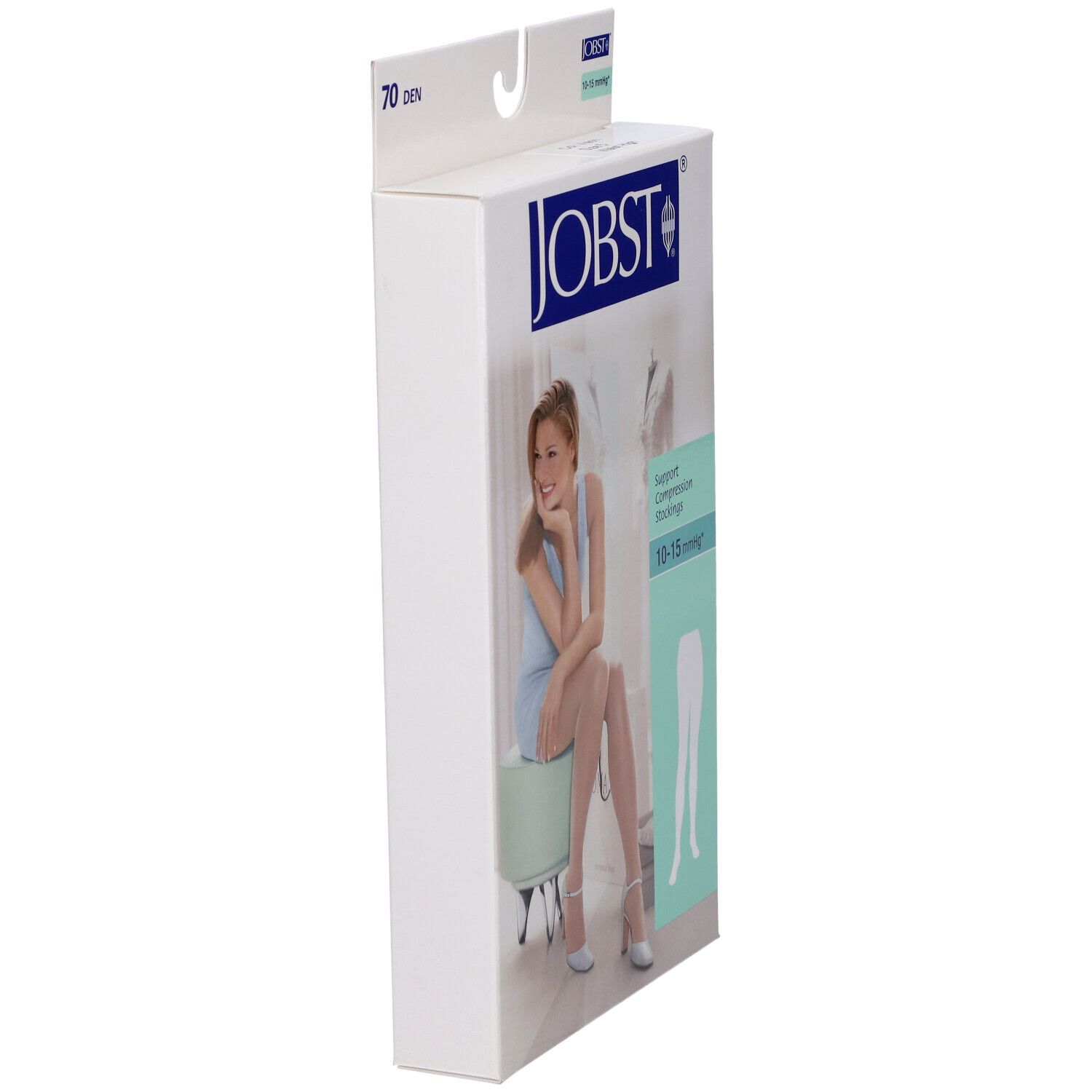 Vista laterale della confezione JOBST. 70 DEN, Vison. Donna con calze. Scritta: Support Compression Stockings 10-15 mmHg.