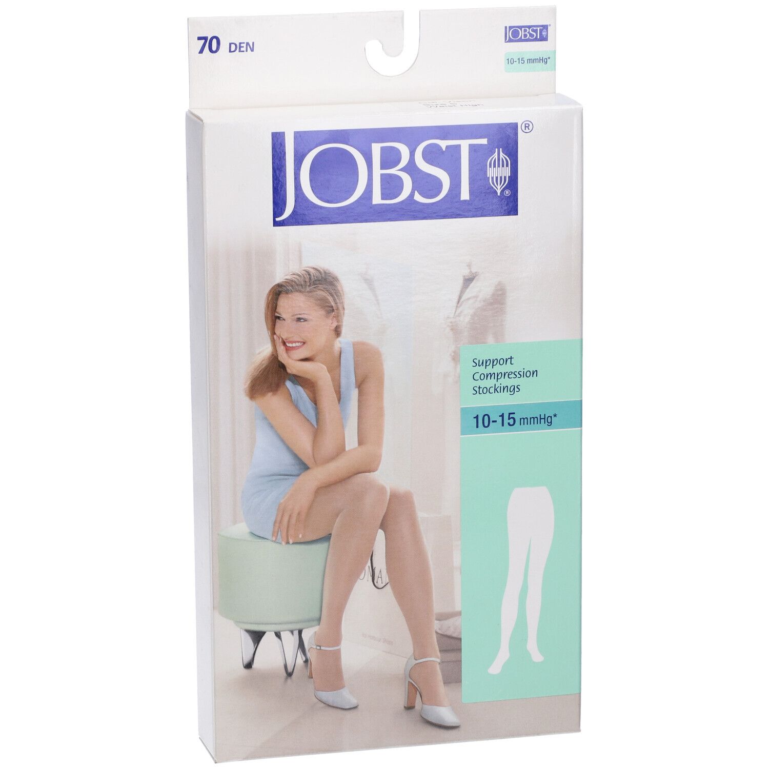 Confezione JOBST. 70 DEN, Vison. Donna seduta con calze. Scritta: Support Compression Stockings 10-15 mmHg.