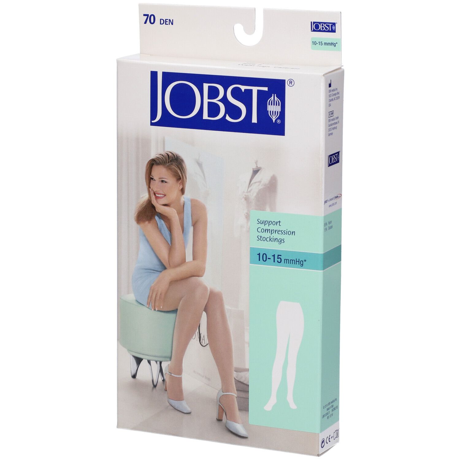 Confezione calze compressive JOBST. Donna seduta. 70 den, 10-15 mmHg.