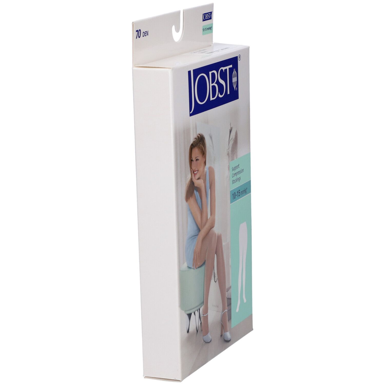 Vista laterale della confezione JOBST. 70 den, 10-15 mmHg. Donna sulla confezione.