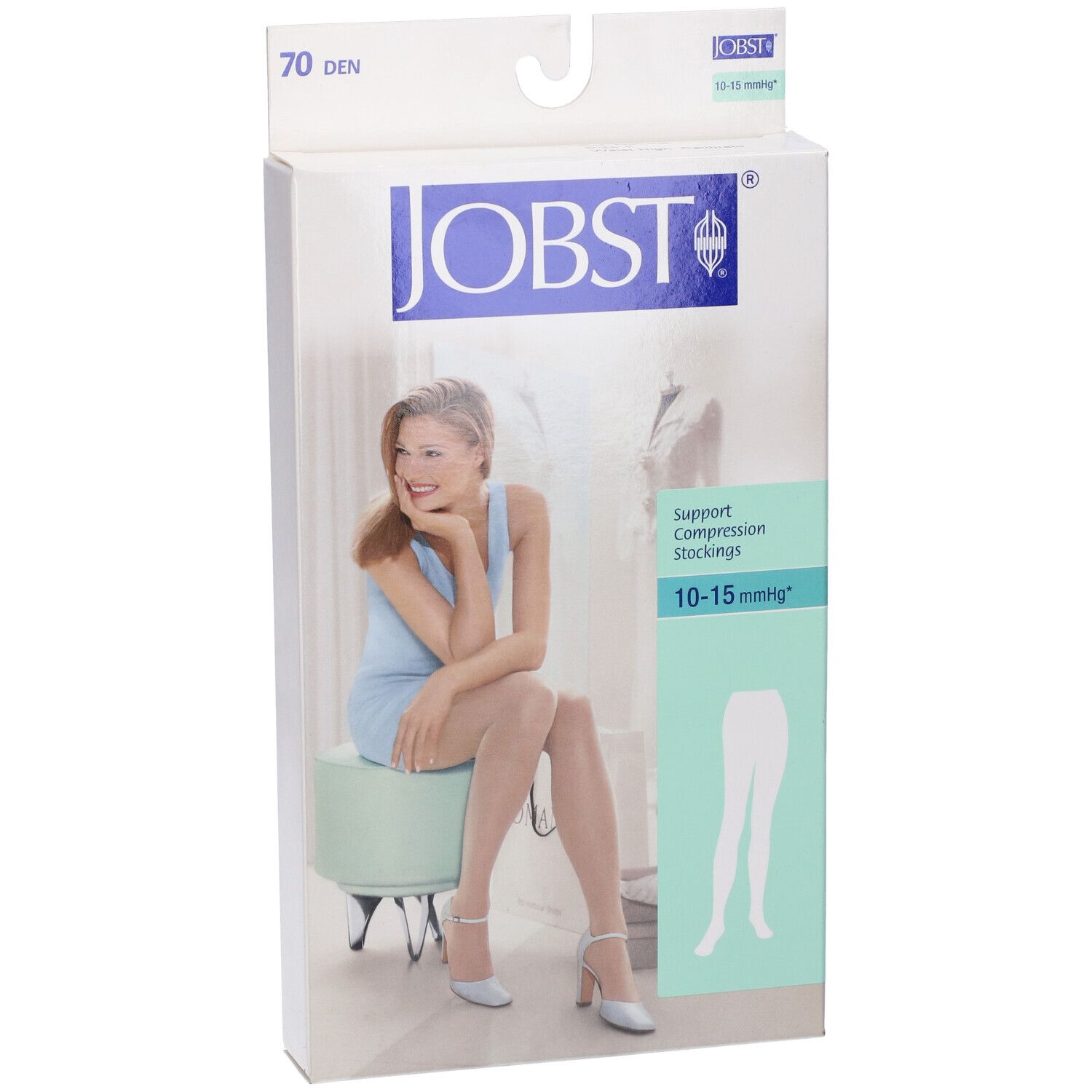 Confezione JOBST con calze compressive. Donna seduta. 70 den, 10-15 mmHg.
