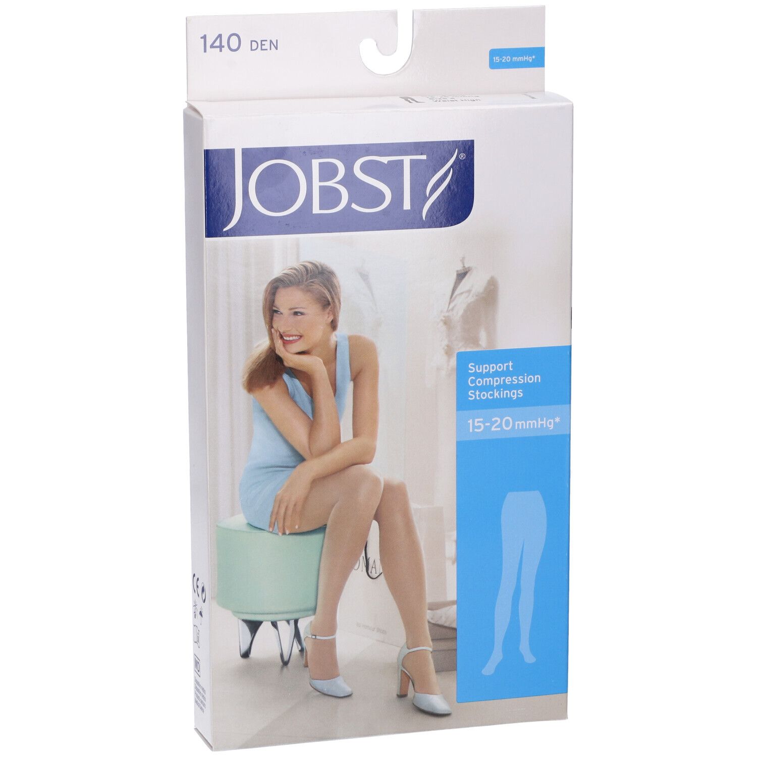 Confezione Jobst. Stampa: 140 DEN, logo, donna con collant. Testo: Support Compression Stockings.