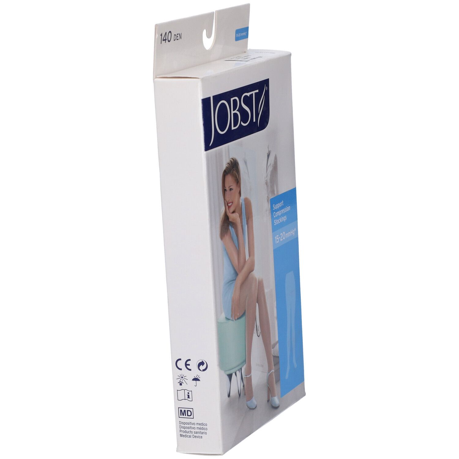 Confezione JOBST, vista laterale. Scritta: Support Compression Stockings 15-20 mmHg. Marchio CE, identificazione MD.
