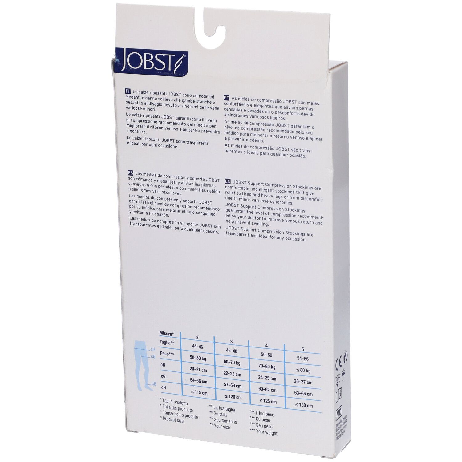 Retro della confezione JOBST. Testo multilingue. Tabella taglie con misure e peso.