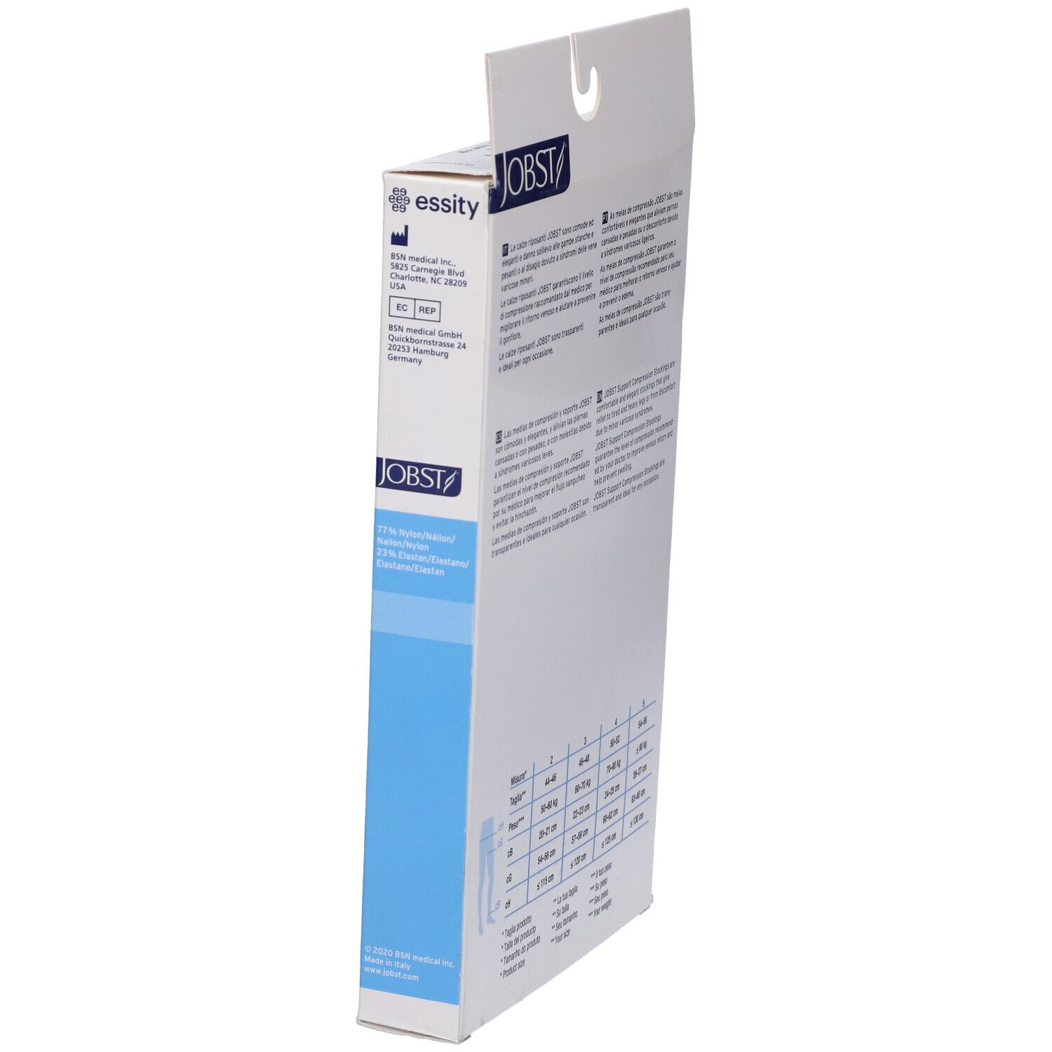 Confezione JOBST, vista laterale. Scritta: essity, marchio CE. Testo multilingue. Tabella taglie.