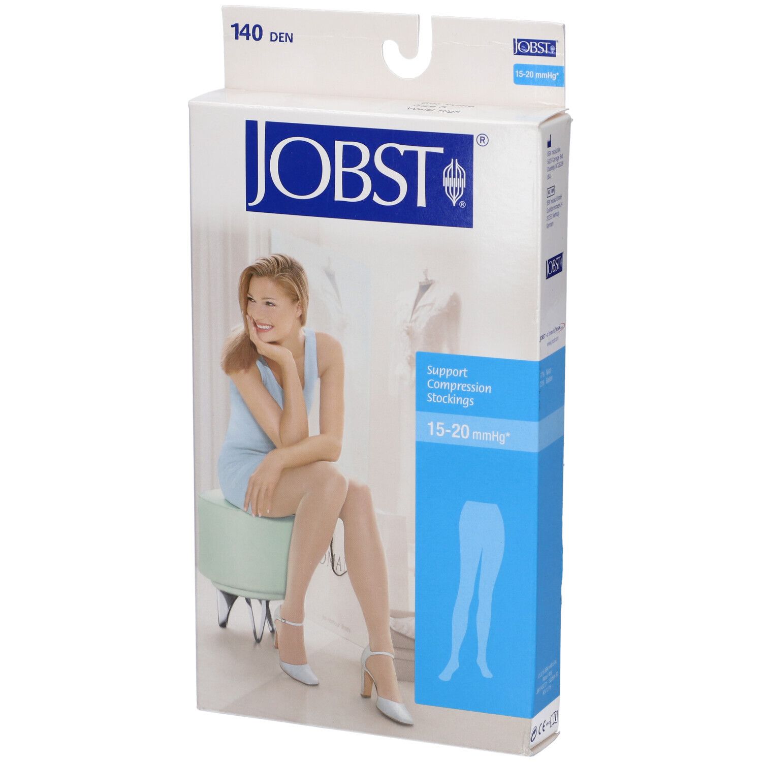 Confezione JOBST. 140 DEN. Donna seduta con calze. Testo: Support Compression Stockings 15-20 mmHg. Illustrazione del prodotto.