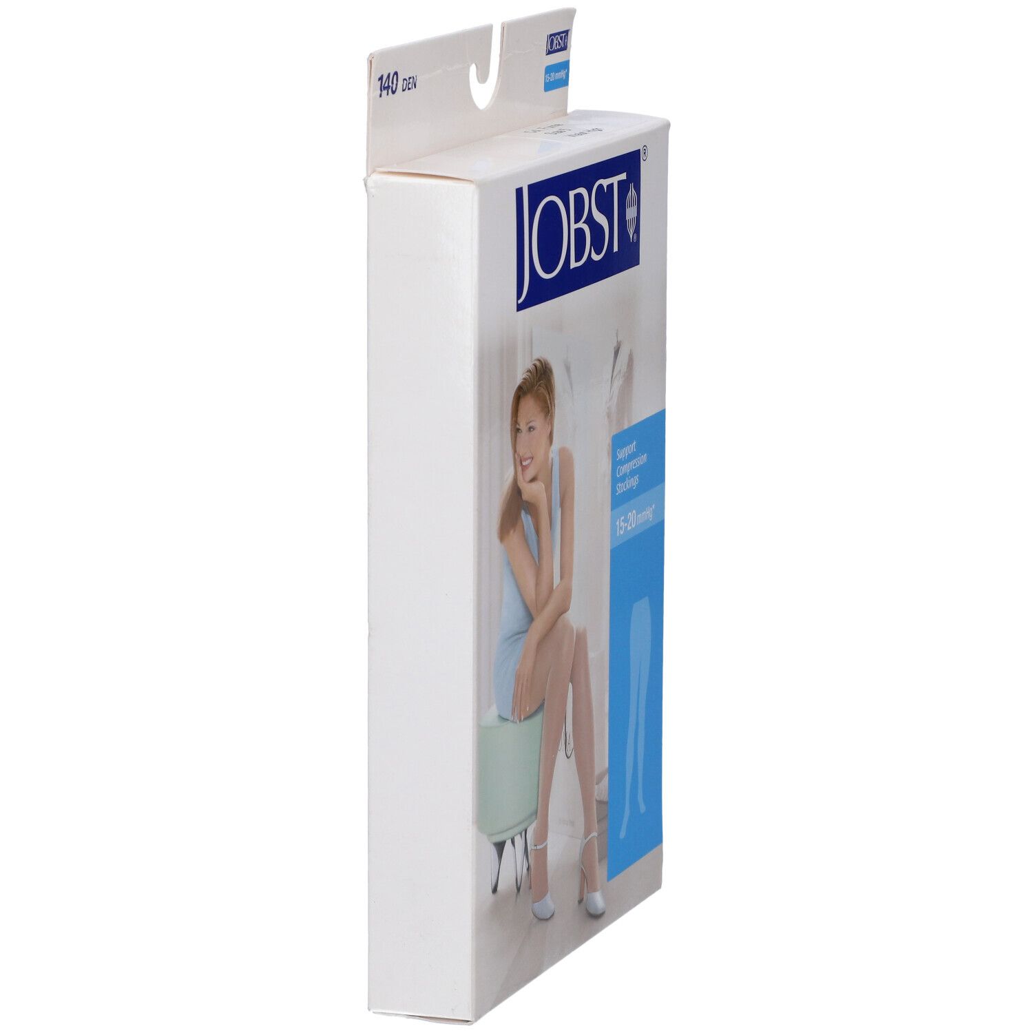Confezione JOBST. 140 DEN. Vista laterale. Testo: Support Compression Stockings 15-20 mmHg. Illustrazione del prodotto.