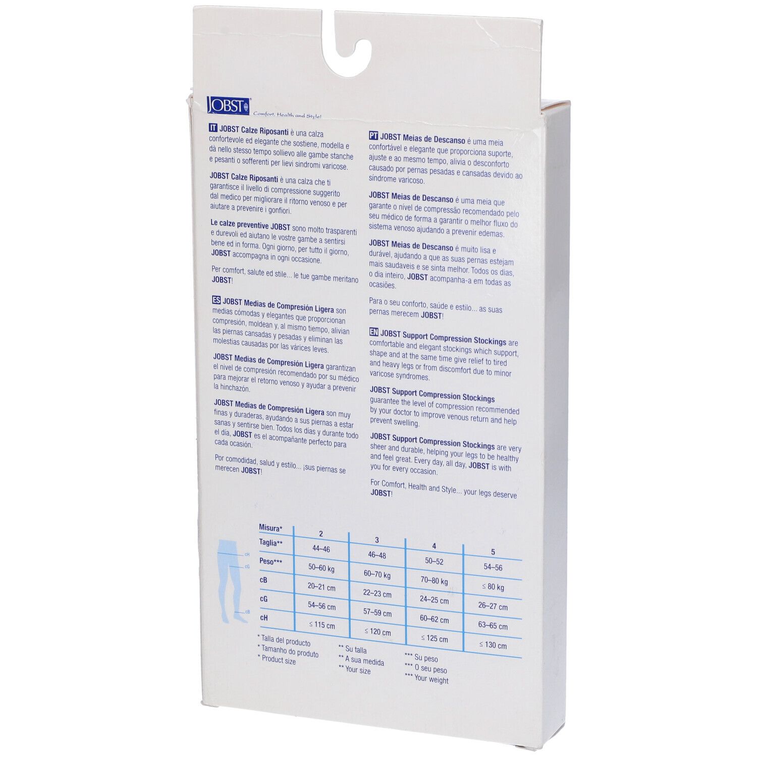 Confezione JOBST. Retro con testo e tabella taglie. Testo: Support Compression Stockings. Illustrazione del prodotto.