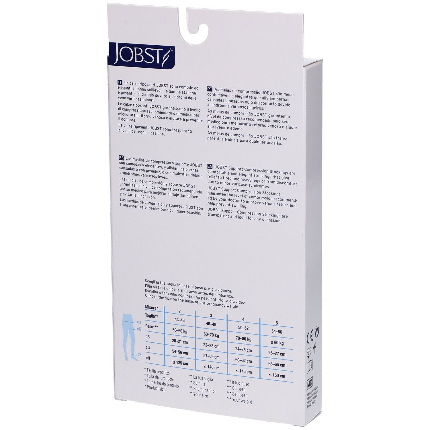 Retro della confezione JOBST. Testo multilingue, tabella taglie, marchio CE.