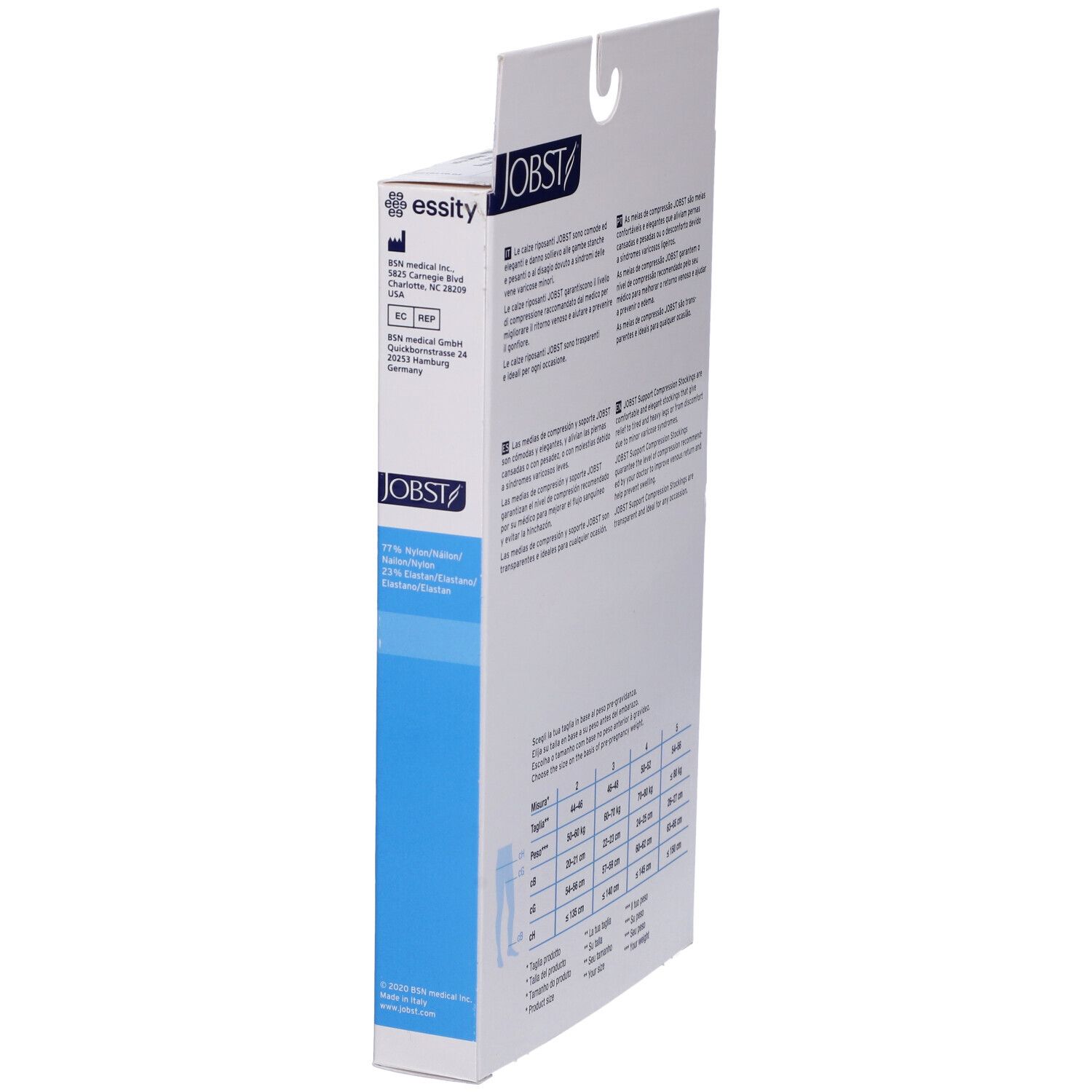 Vista laterale della confezione JOBST. Logo, nome prodotto, info produttore, tabella taglie.