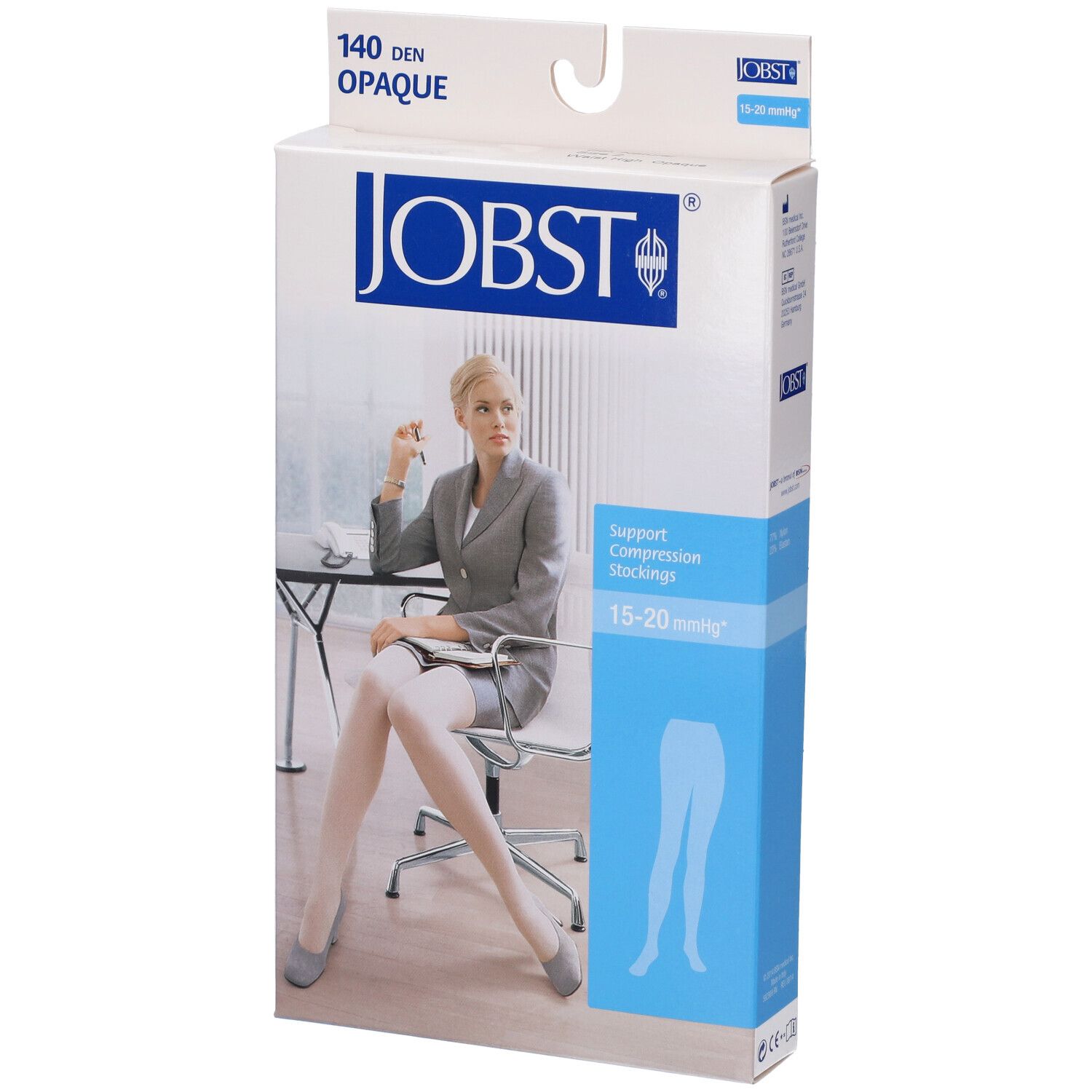 Confezione di calze JOBST. Opaque, 140 den. Donna in ufficio raffigurata sulla confezione.