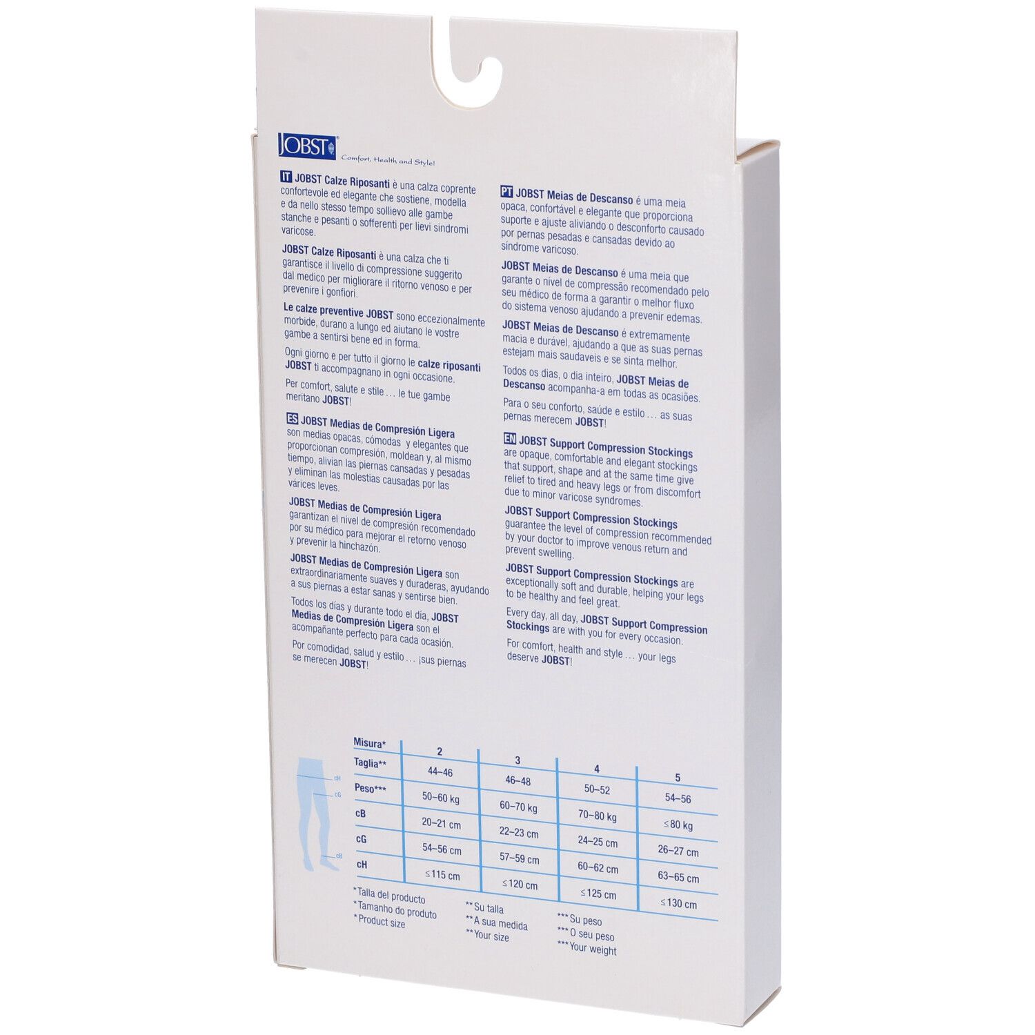 Retro della confezione JOBST. Testo multilingue. Tabella taglie per calze compressive.