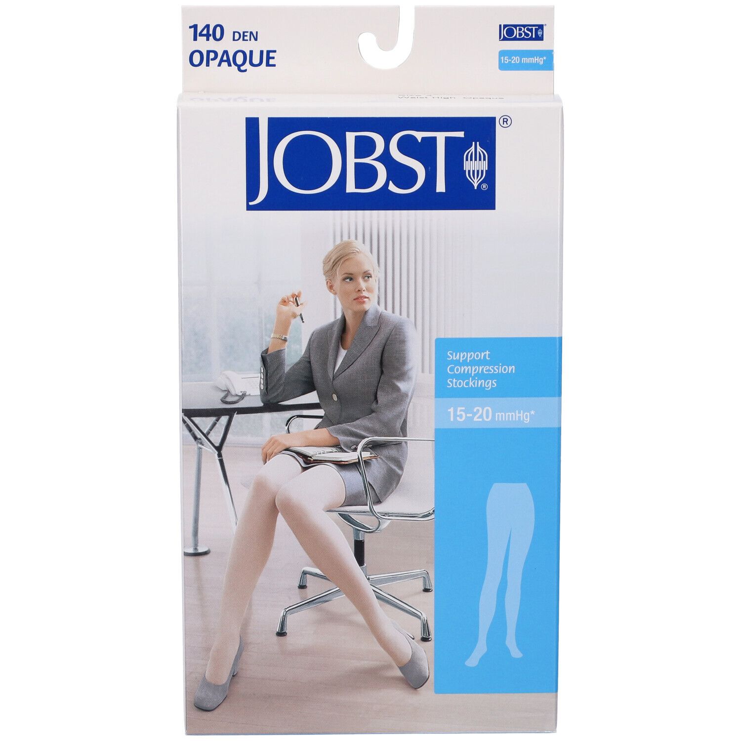 Confezione JOBST con calze compressive. Scritta: 140 DEN Opaque. Immagine di donna con calze.