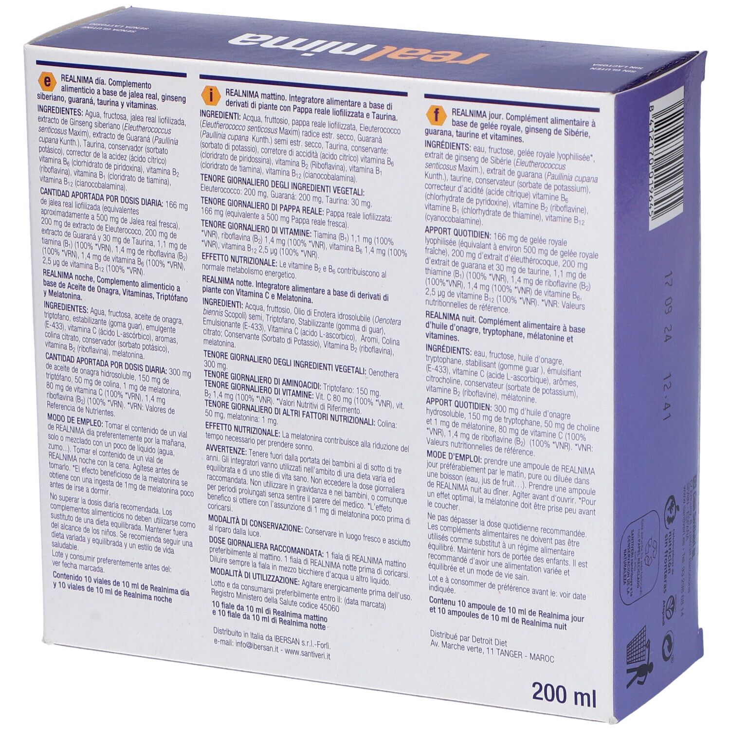 Retro della scatola "real nima". Testo multilingue. Contiene 200 ml. Elenco ingredienti e istruzioni per l'uso.