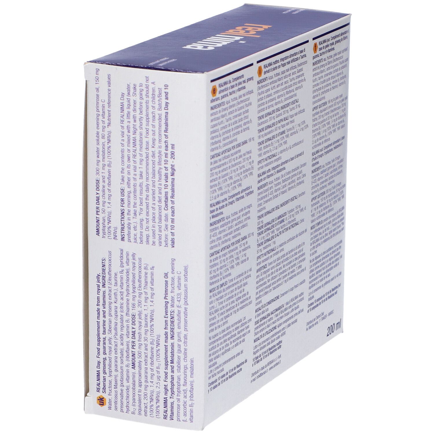 Vista laterale della scatola "real nima". Testo multilingue. Contiene 200 ml. Istruzioni per l'uso.