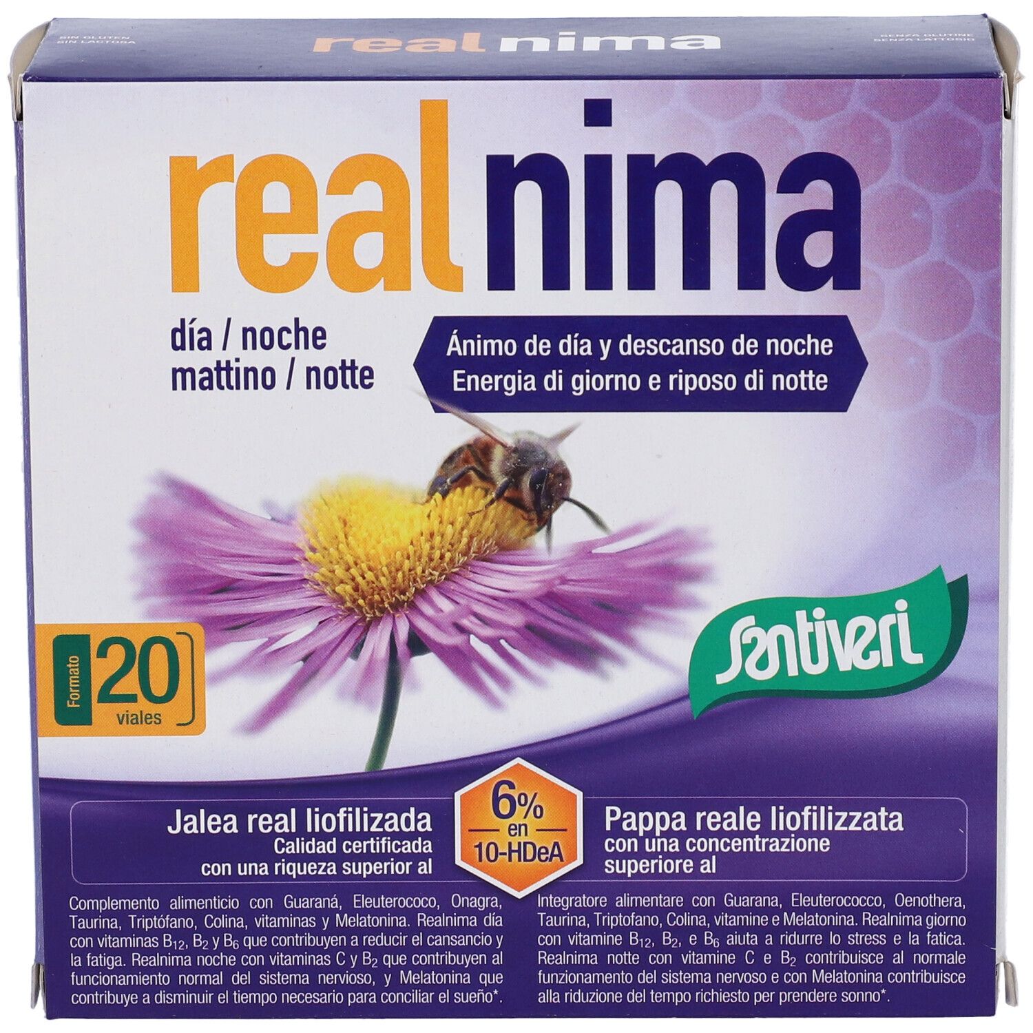 Scatola "real nima" e logo "Santiveri". Contiene 20 fiale. Immagine di un fiore con un'ape.