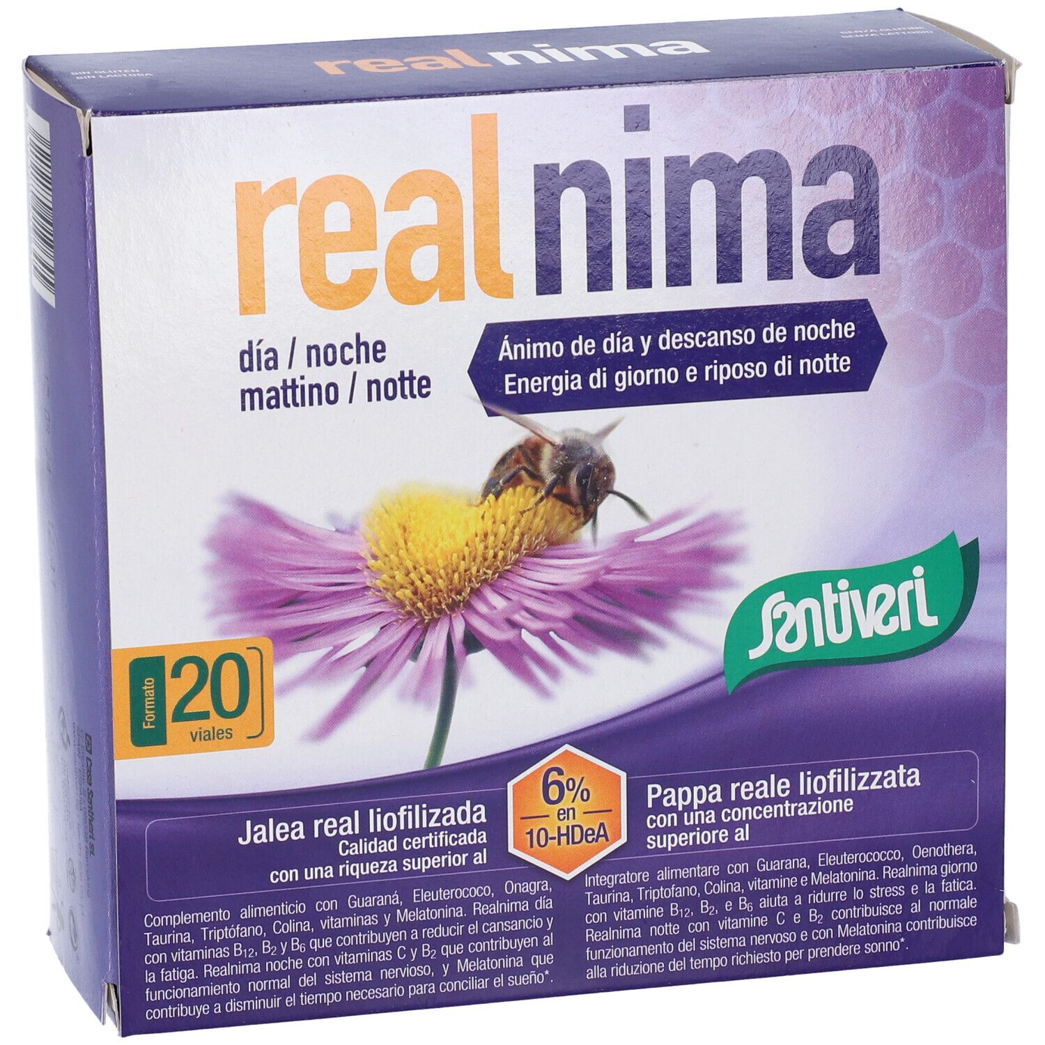 Scatola "real nima" e logo "Santiveri". Contiene 20 fiale. Immagine di un fiore con un'ape.