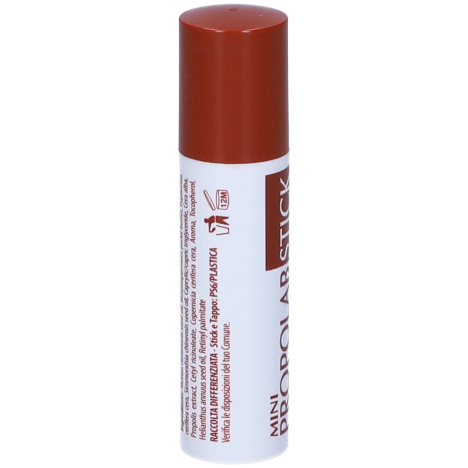 Stick per labbra con cappuccio marrone. Stick bianco con scritta PROPOLAB STICK.