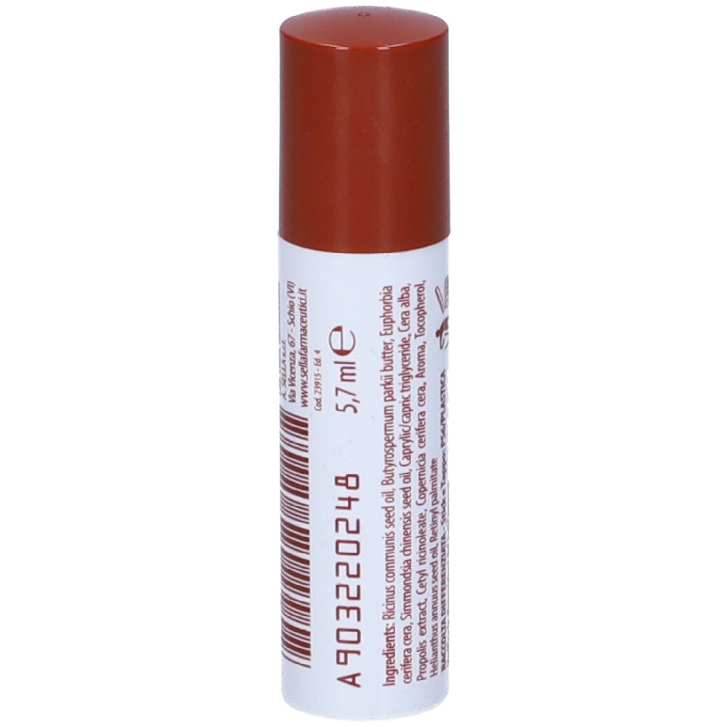 Stick per labbra con cappuccio marrone. Scritta PROPOLAB STICK, ingredienti e 5,7 ml.
