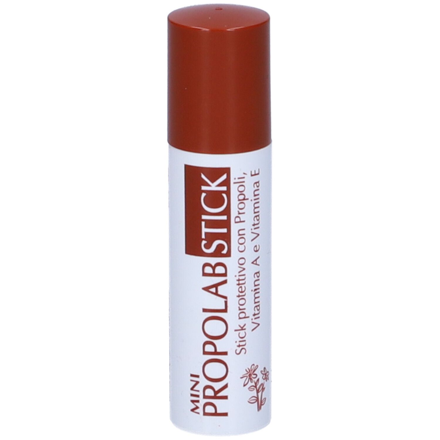 Stick per labbra con cappuccio marrone. Stick bianco con scritta PROPOLAB STICK.
