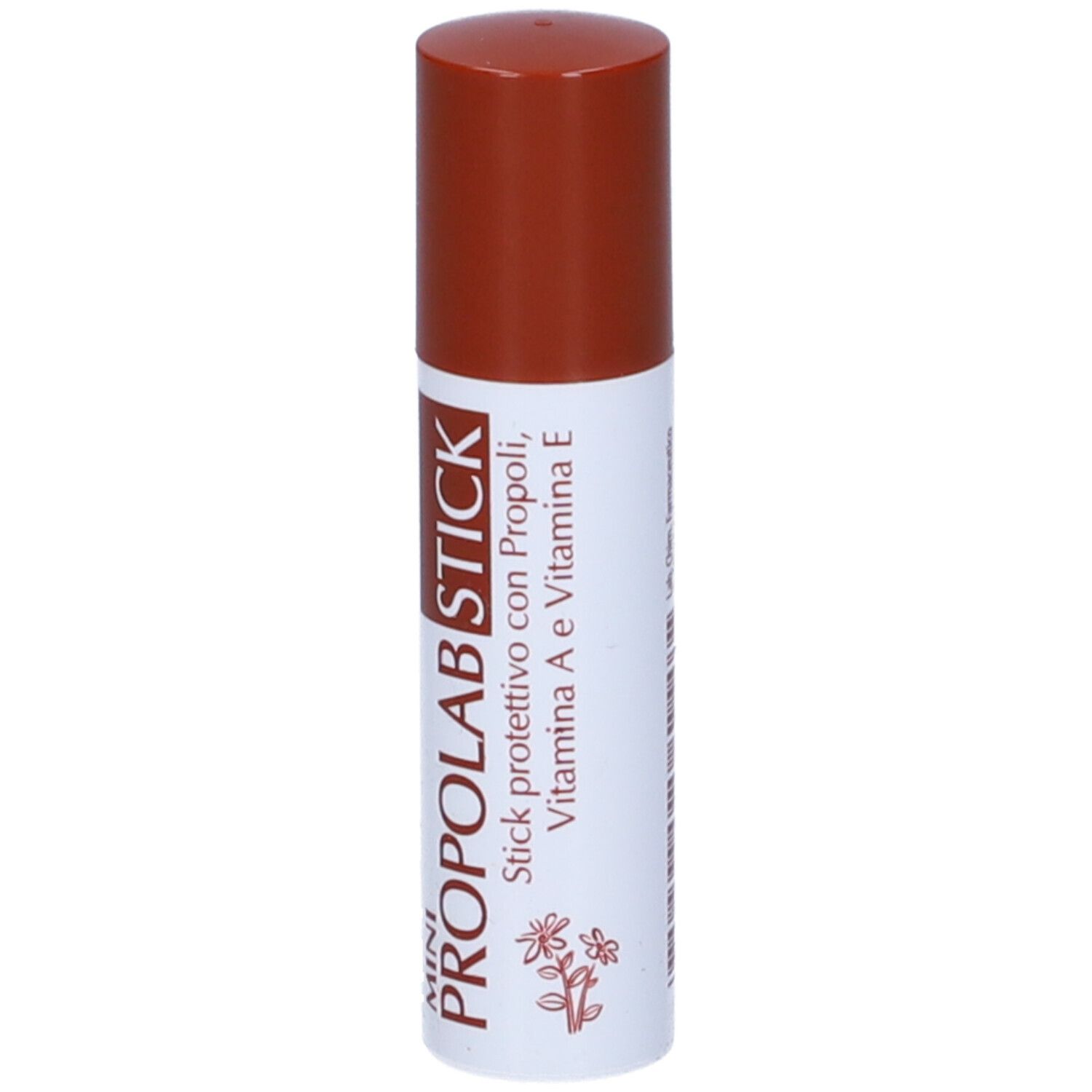 Stick per labbra con cappuccio marrone. Stick bianco con scritta PROPOLAB STICK.
