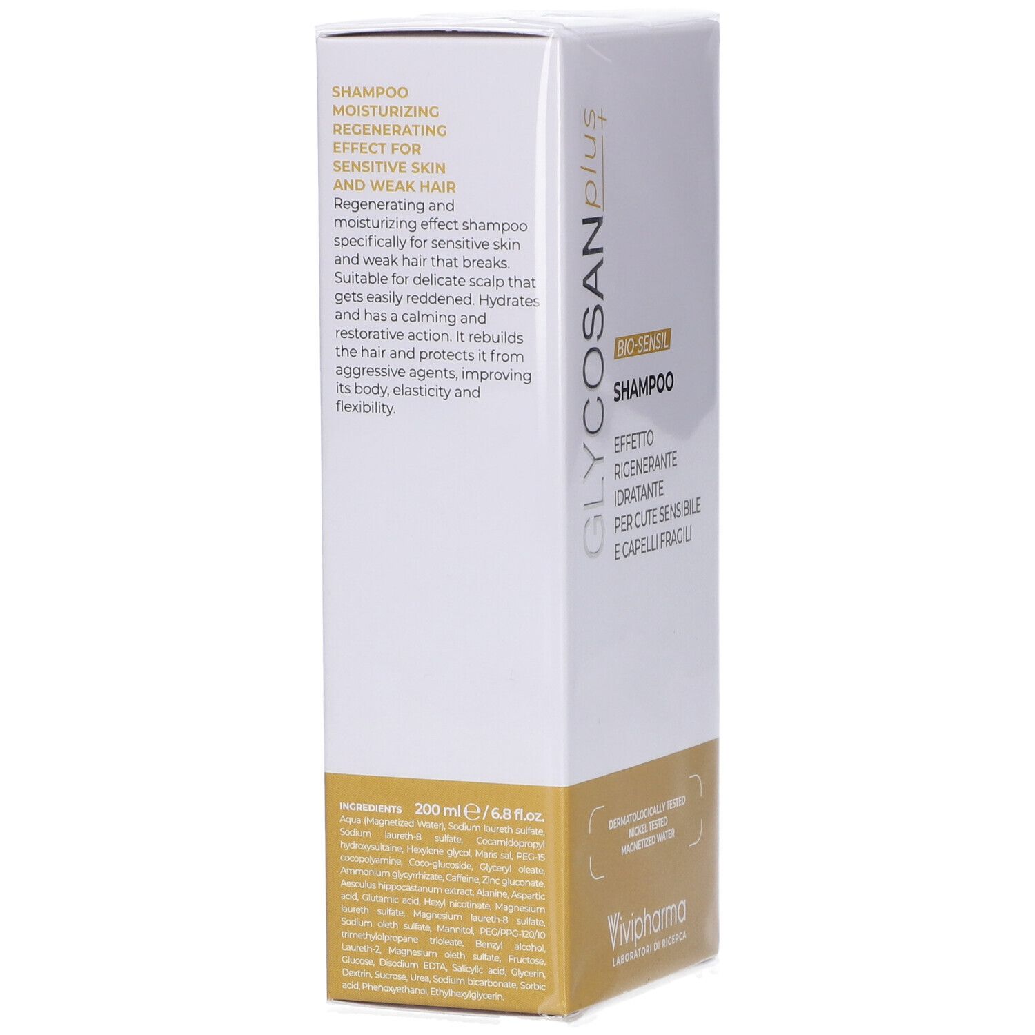 Confezione del prodotto con testo: Shampoo, Moisturizing, Regenerating Effect for Sensitive Skin and Weak Hair. Ingredienti e Vivipharma.